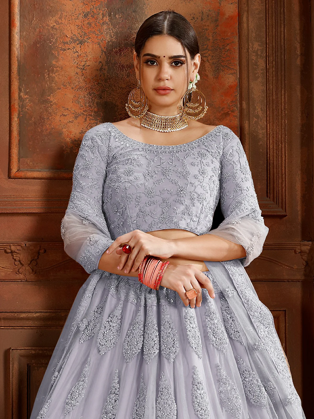 Odette Grey Embroidered Soft Net Semi Stitched Lehenga With Blouse For Women - Image 2