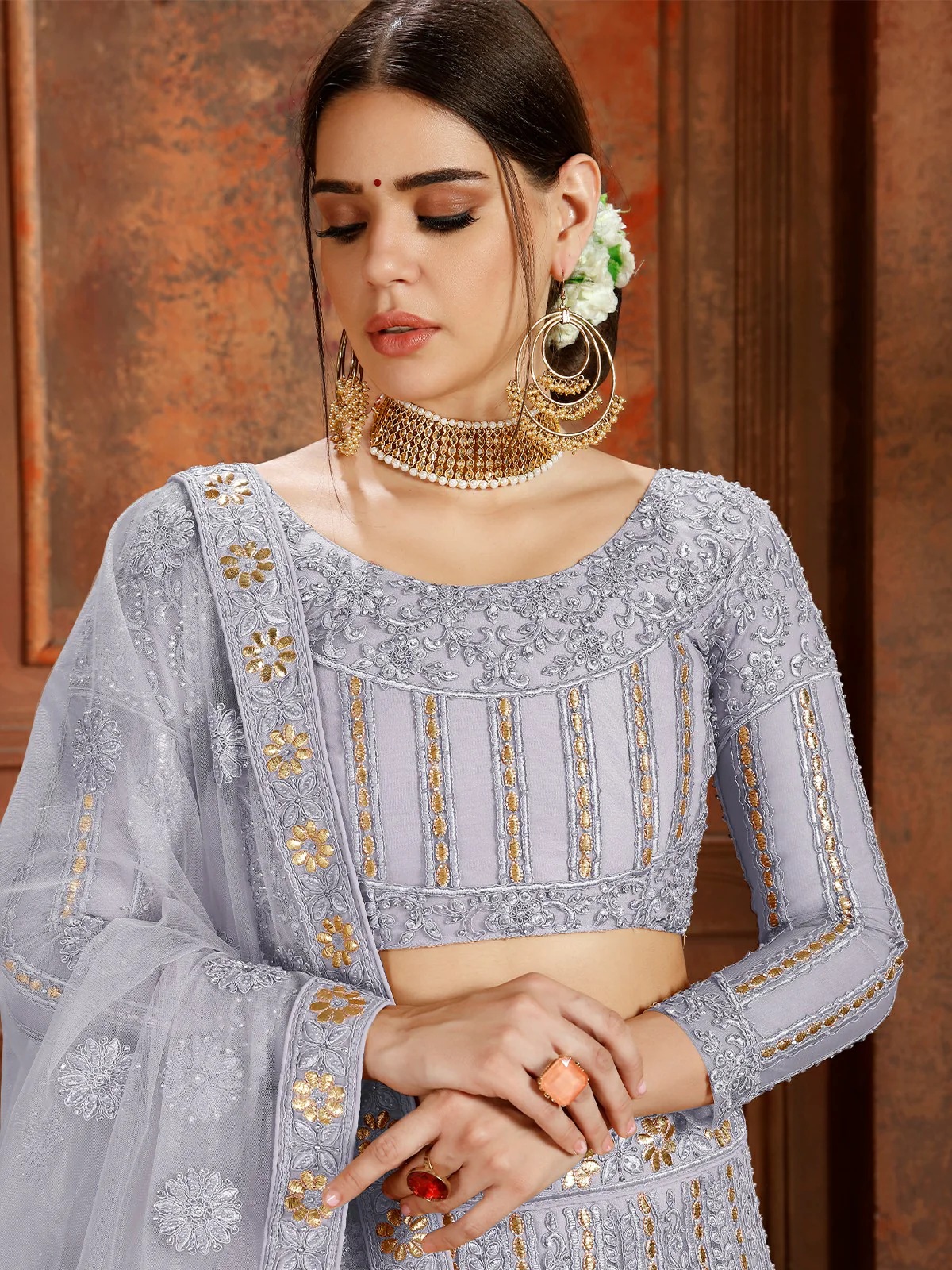 Odette Grey Embroidered Soft Net Semi Stitched Lehenga With Blouse For Women - Image 2