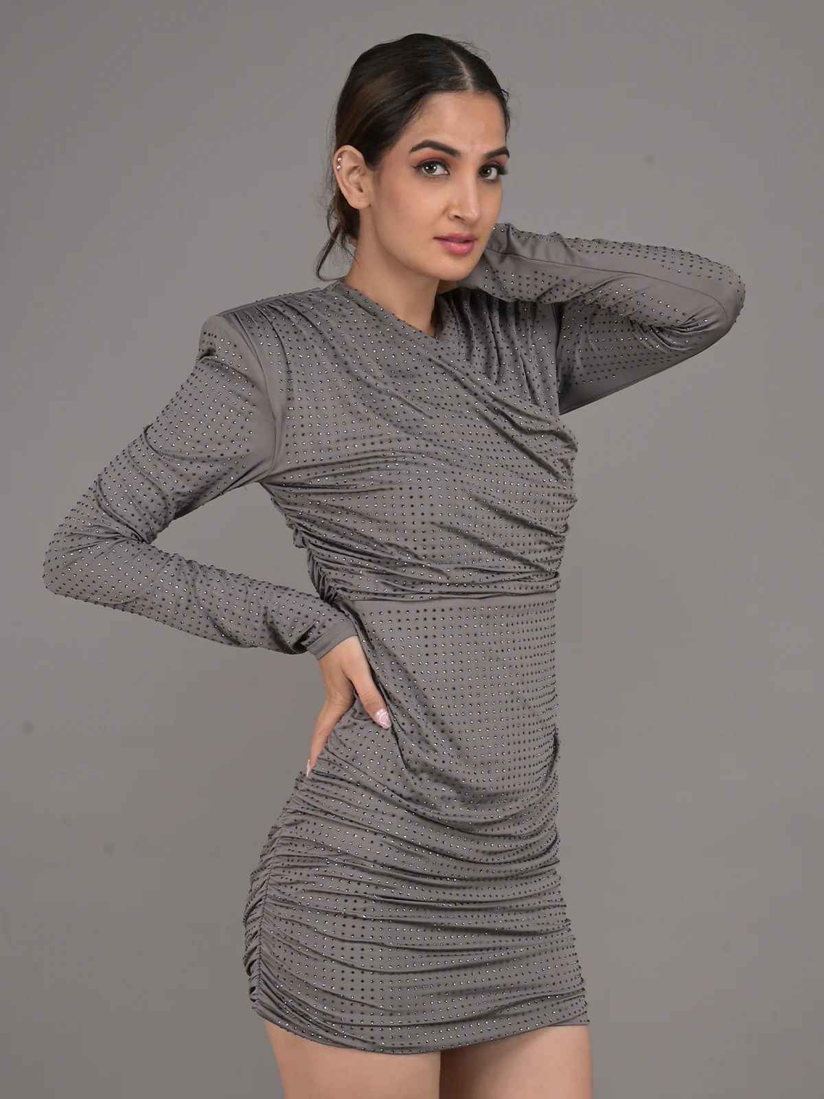 Odette Grey Fitted Embellished Party Dress for Women - Image 4