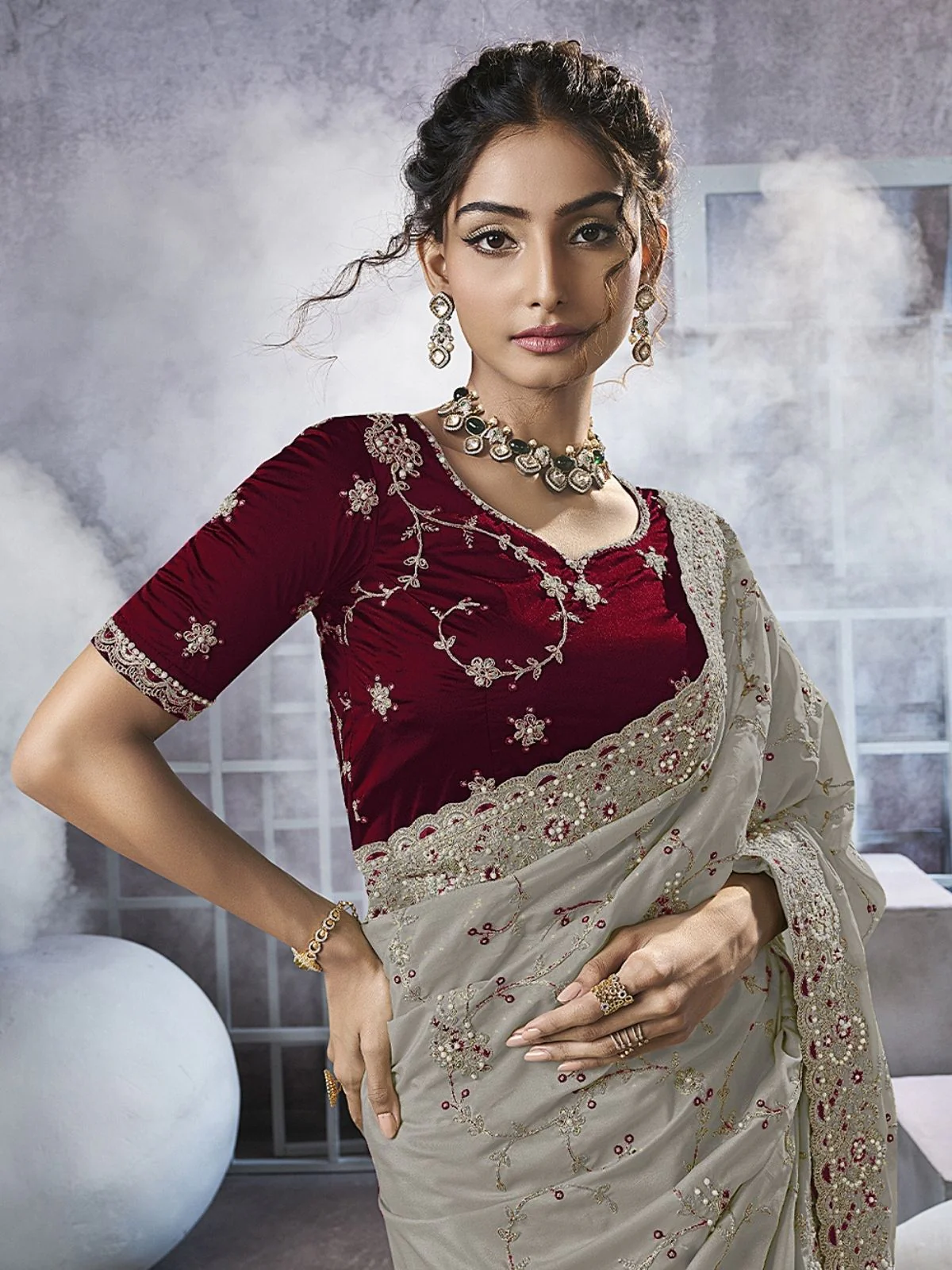 Odette Grey Georgette Embellished Elegant Saree For Women - Image 2