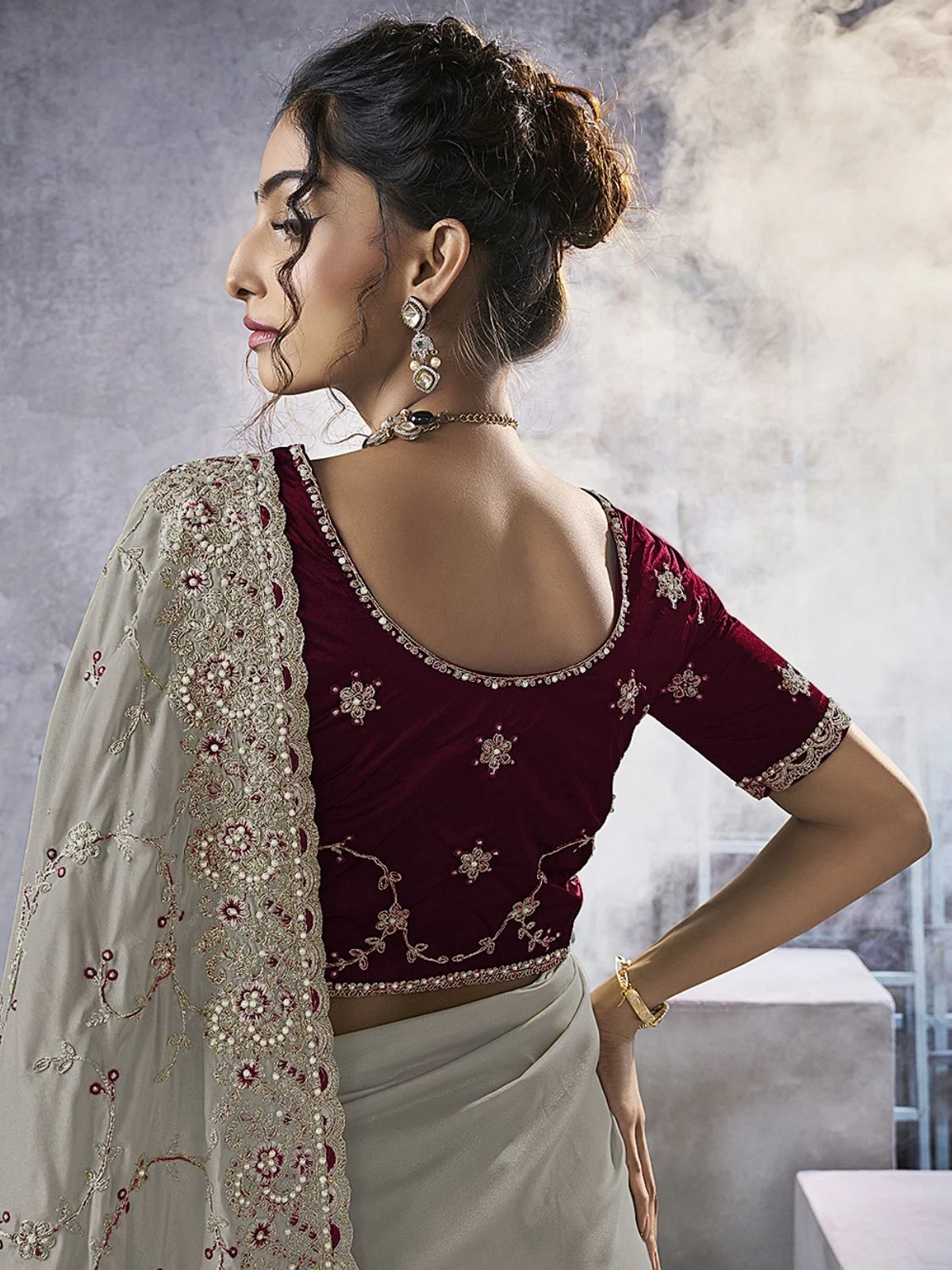 Odette Grey Georgette Embellished Elegant Saree For Women - Image 3