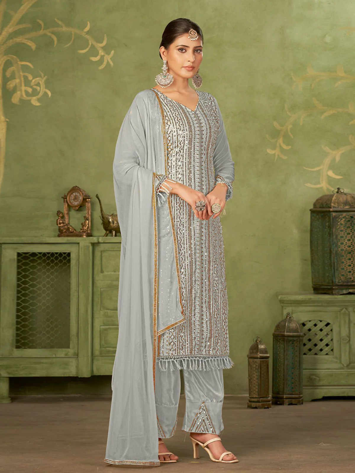Odette Grey Georgette Embellished Semi Stitched Kurta Set For Women - Image 4