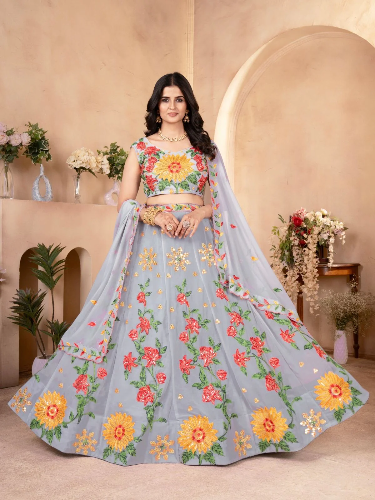 Odette Grey Georgette Embellished Semi Stitched Lehenga For Women