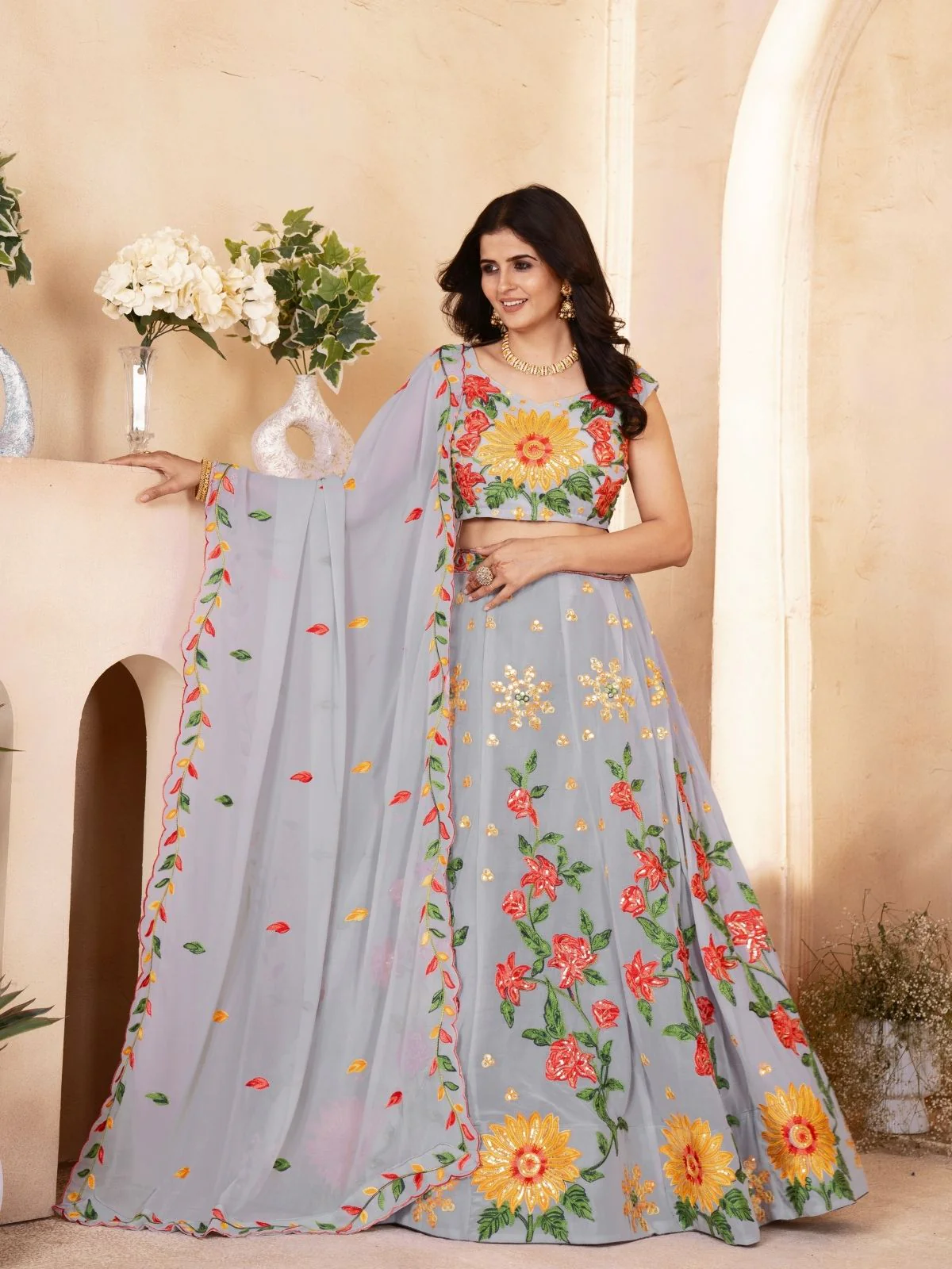 Odette Grey Georgette Embellished Semi Stitched Lehenga For Women - Image 2