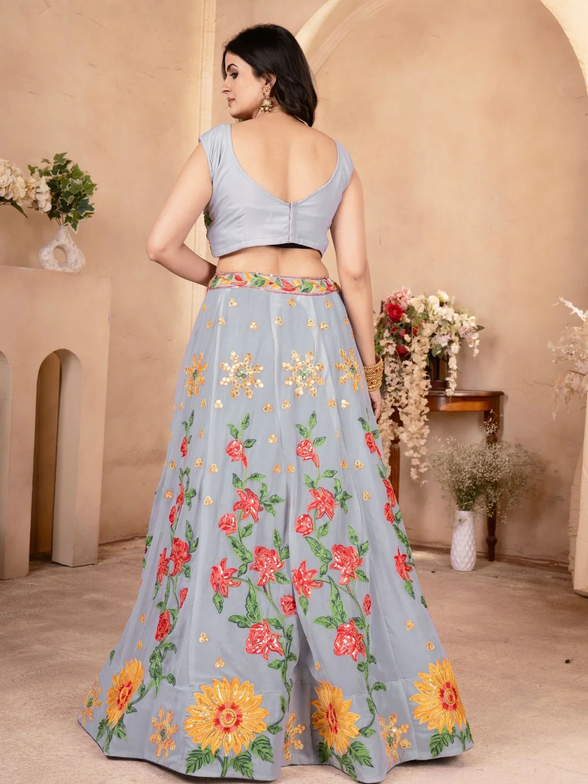 Odette Grey Georgette Embellished Semi Stitched Lehenga For Women - Image 3