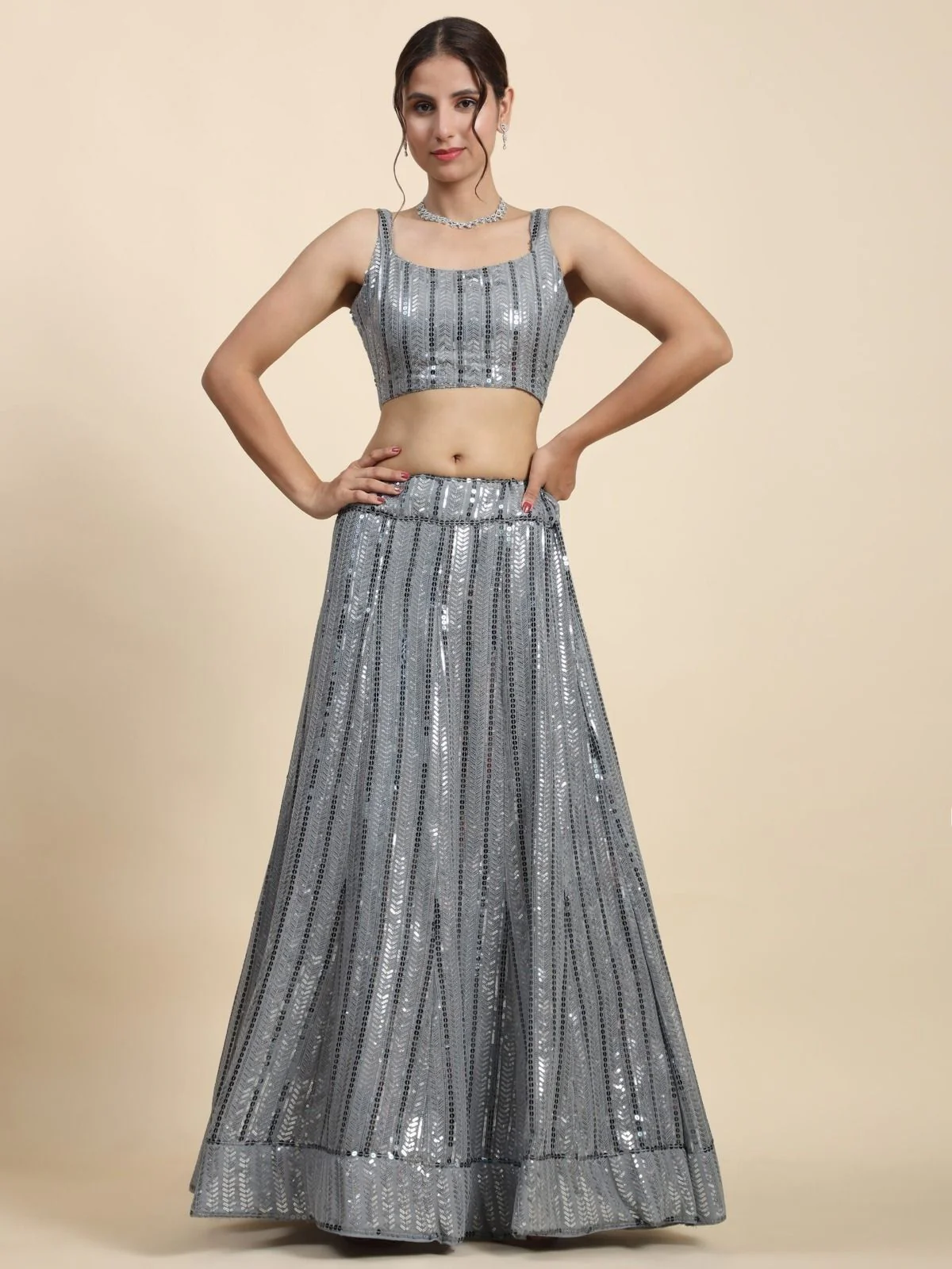 Odette Grey Georgette Embellished Semi-Stitched Lehenga For Women - Image 2