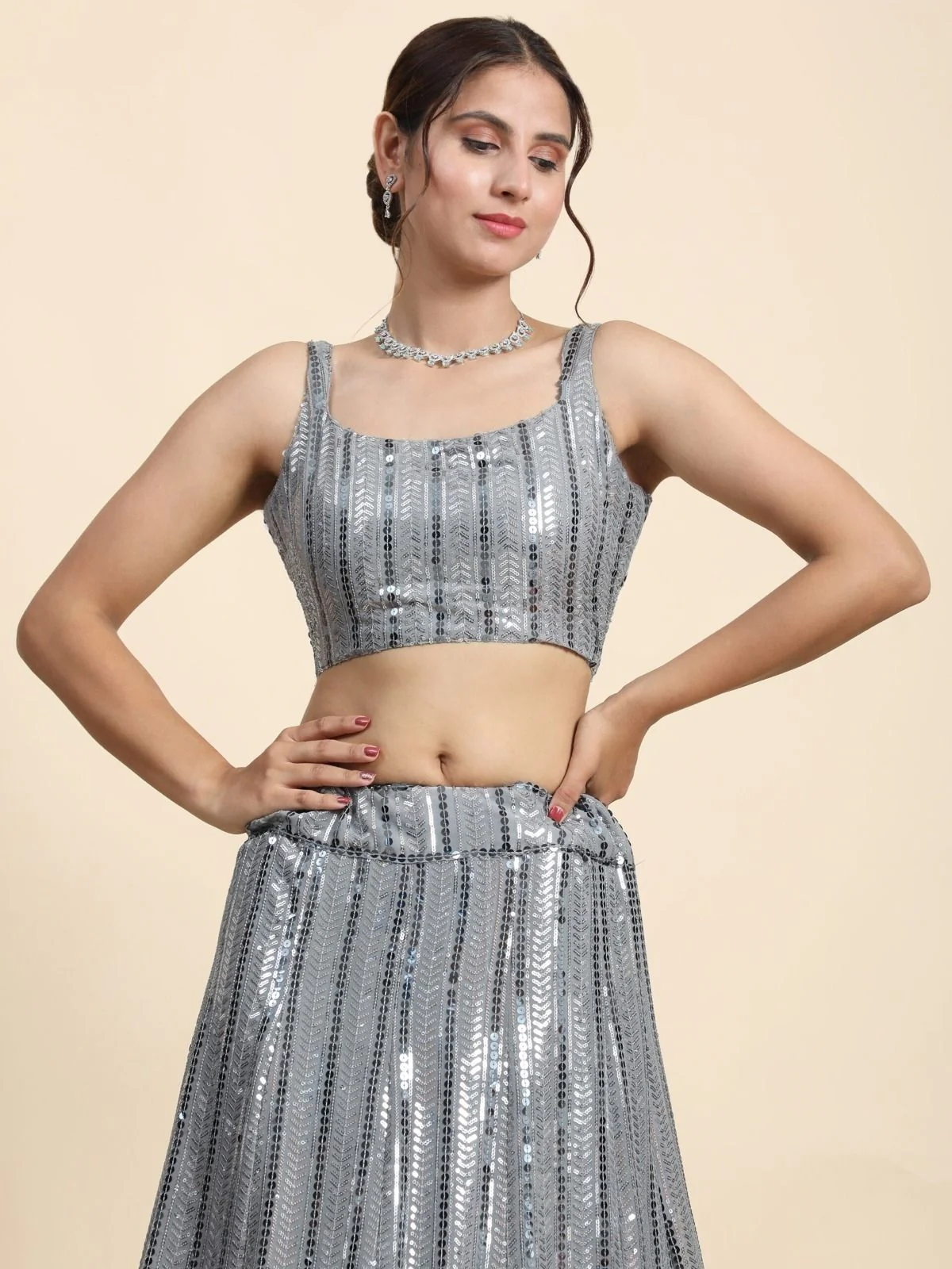 Odette Grey Georgette Embellished Semi-Stitched Lehenga For Women - Image 3