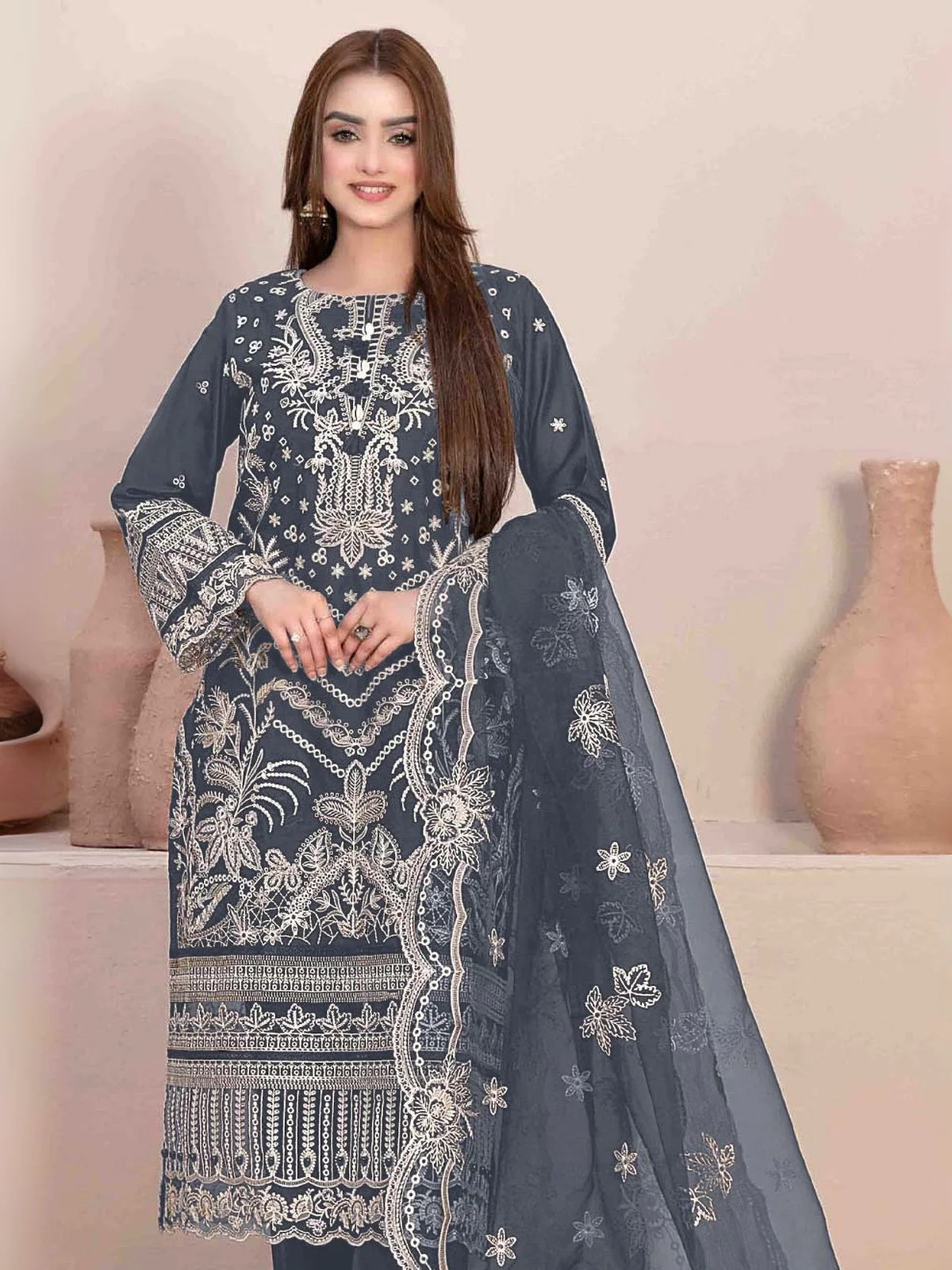 Odette Grey Georgette Embroidered & Cutwork Semi-Sitched Kurta Set For Women - Image 2