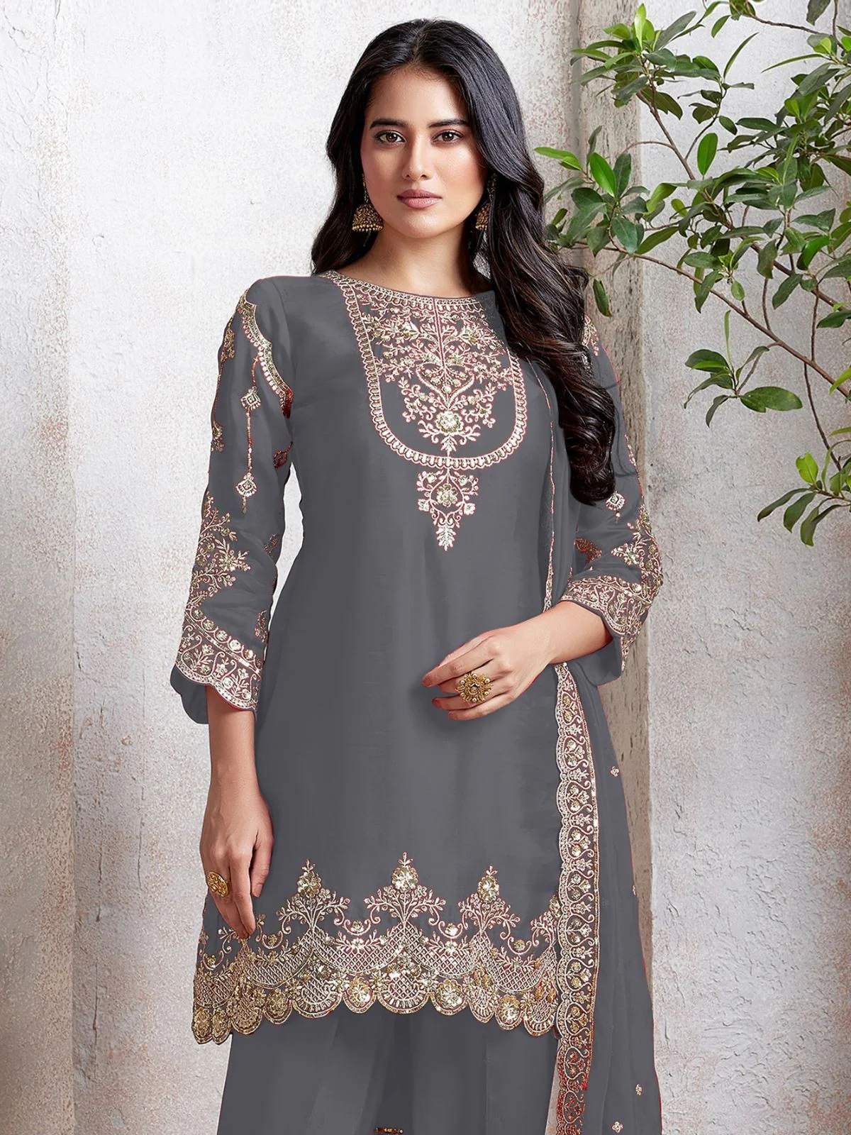 Odette Grey Georgette Embroidered & Cutwork Semi-Sitched Kurta Set For Women - Image 2