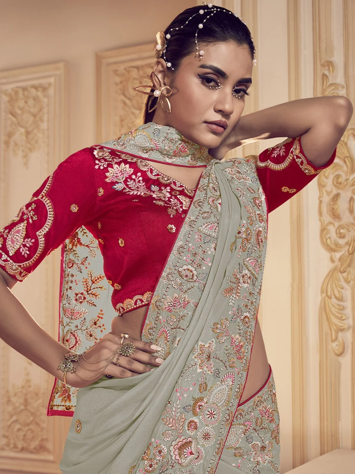 Odette Grey Georgette Embroidered Elegant Saree For Women - Image 2