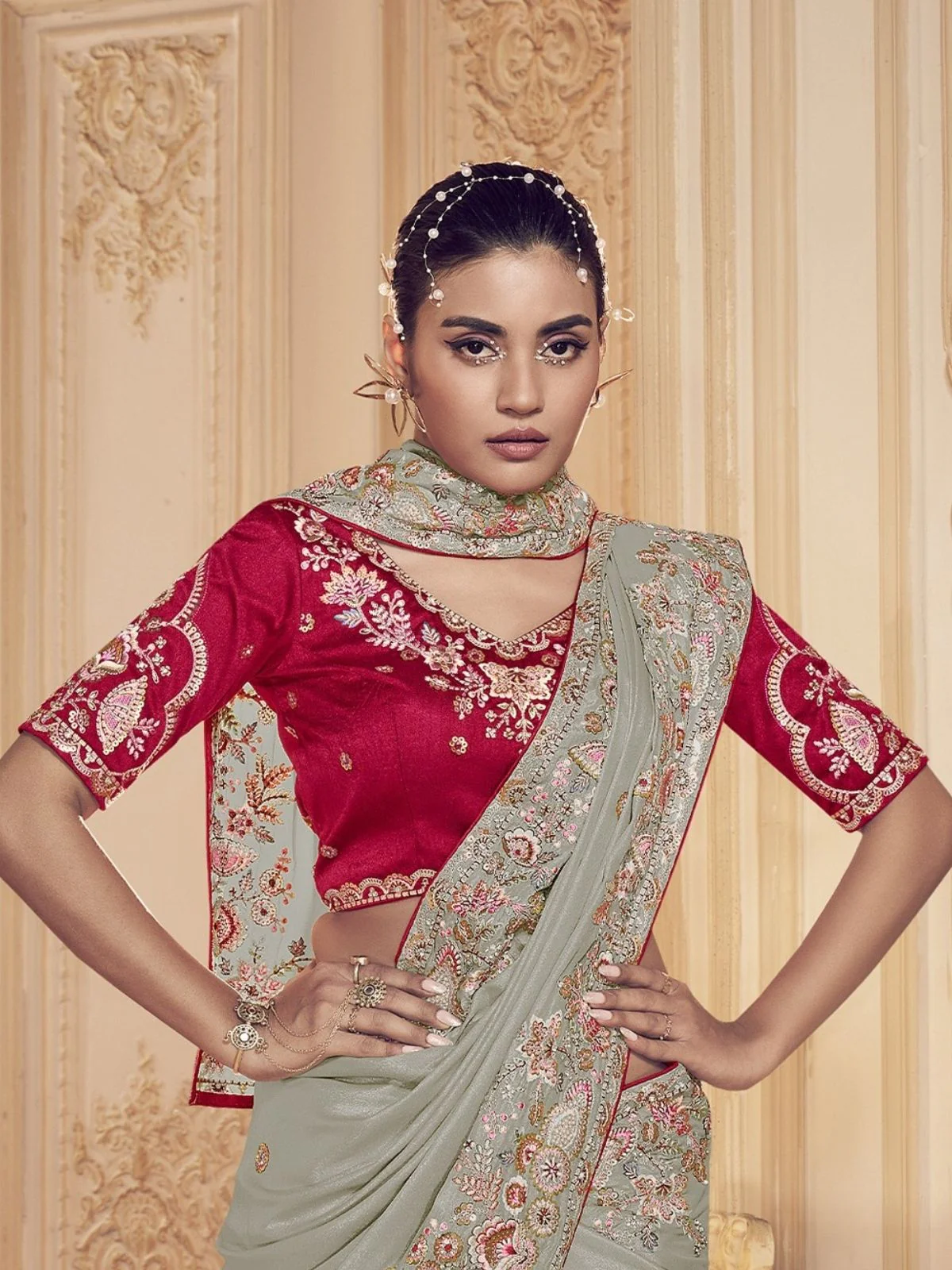 Odette Grey Georgette Embroidered Elegant Saree For Women - Image 3
