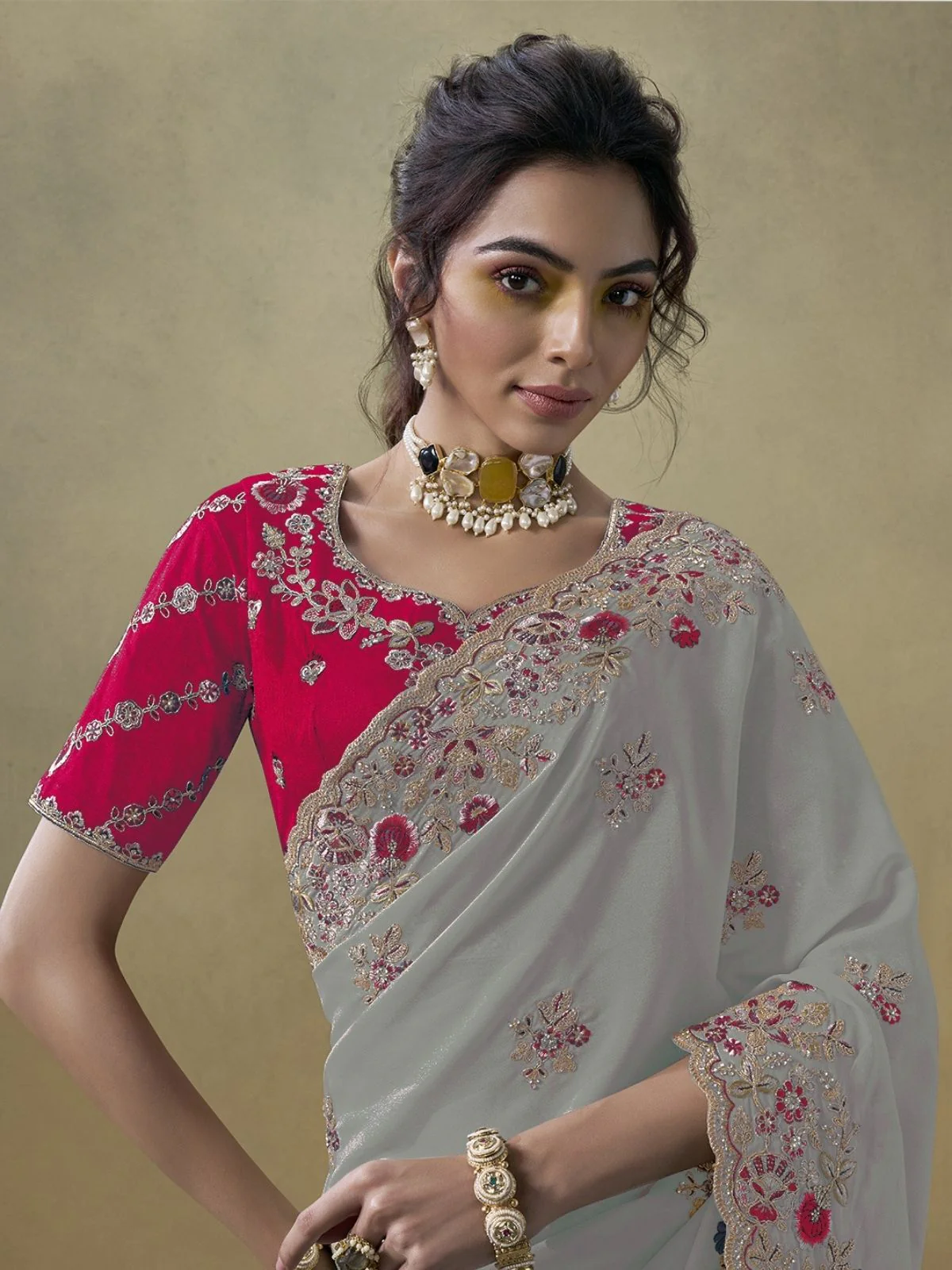 Odette Grey Georgette Embroidered Elegant Saree For Women - Image 2