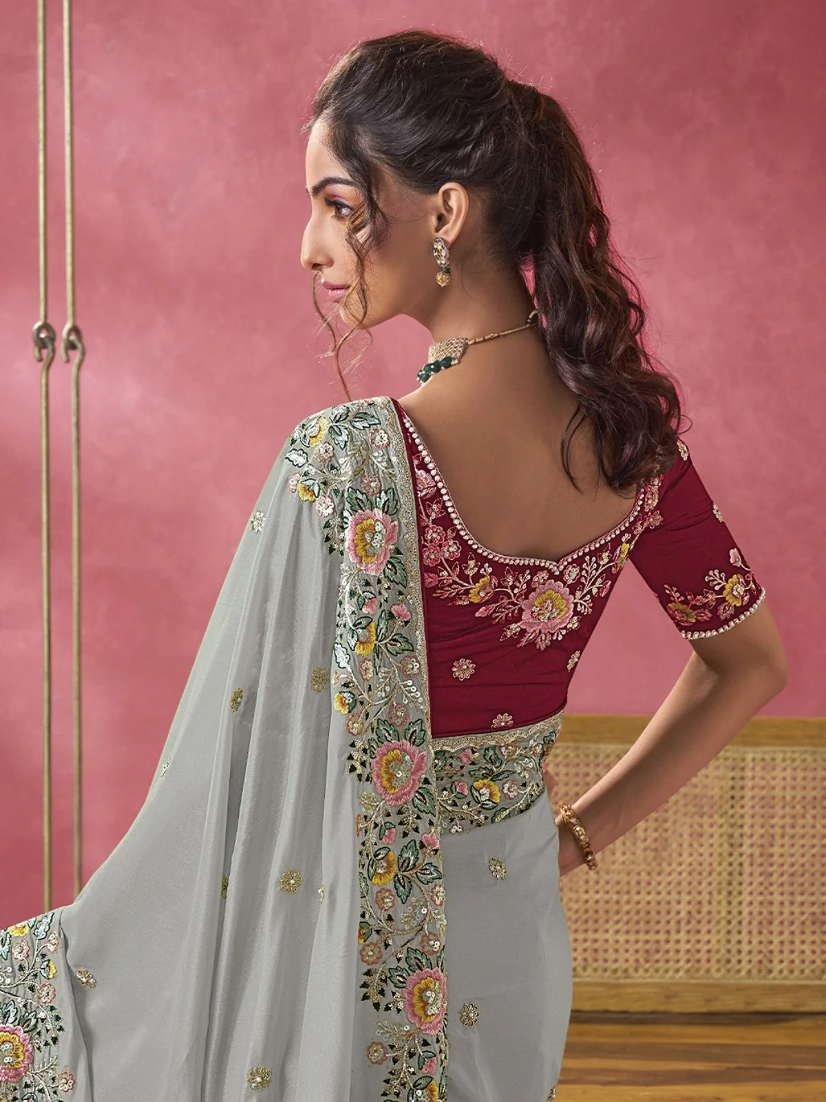 Odette Grey Georgette Embroidered Elegant Saree For Women - Image 2