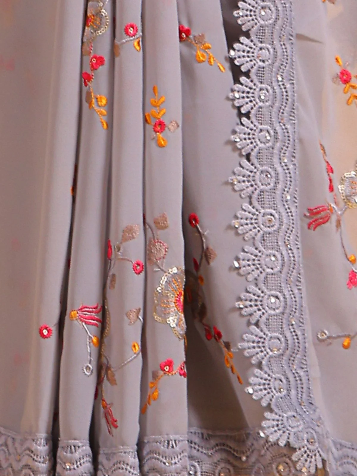 Odette Grey Georgette Embroidered Saree With Unstitched Blouse For Women - Image 5
