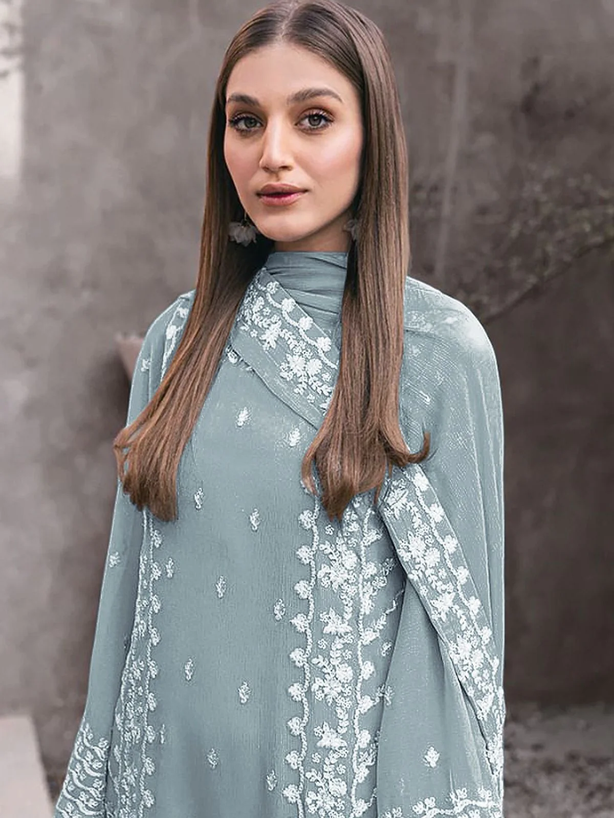 Odette Grey Georgette Embroidered Semi-Stitched Kurta Set For Women - Image 2