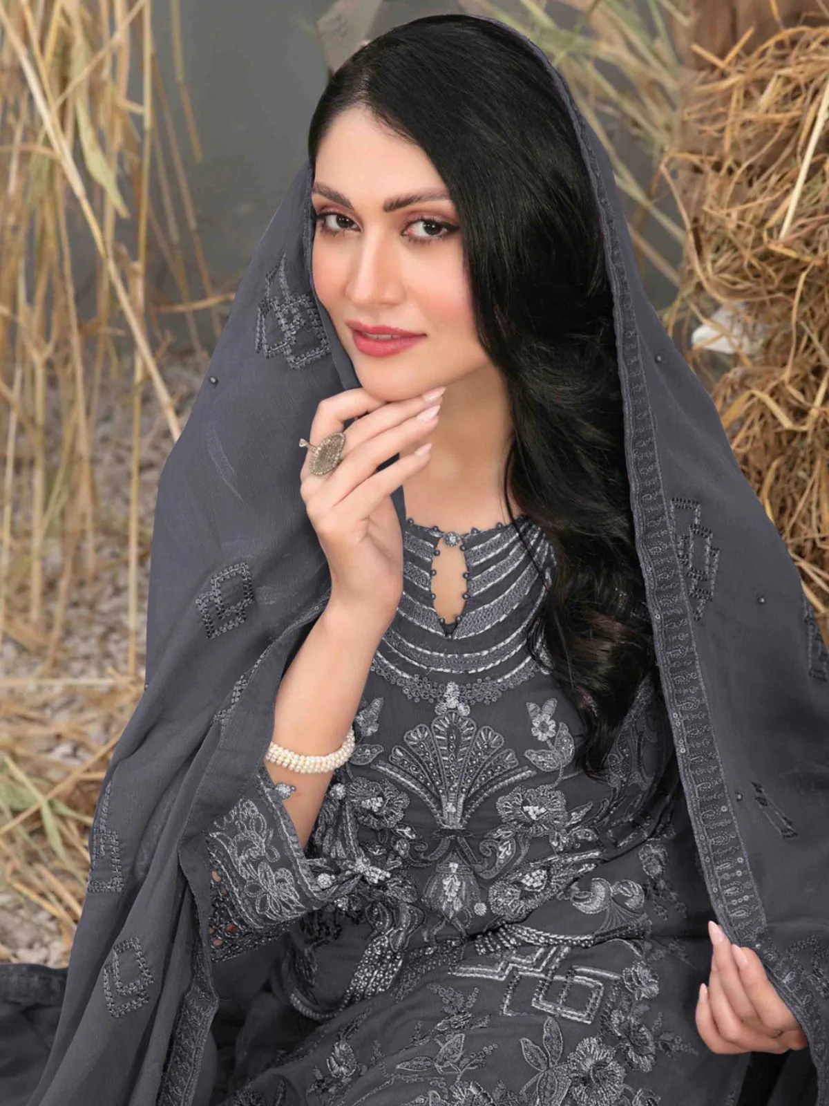 Odette Grey  Georgette Embroidered Semi-Stitched Kurta Set For Women - Image 2