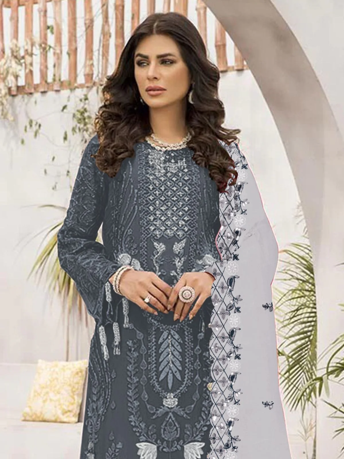 Odette Grey Georgette Embroidered Semi-Stitched Kurta Set For Women - Image 2
