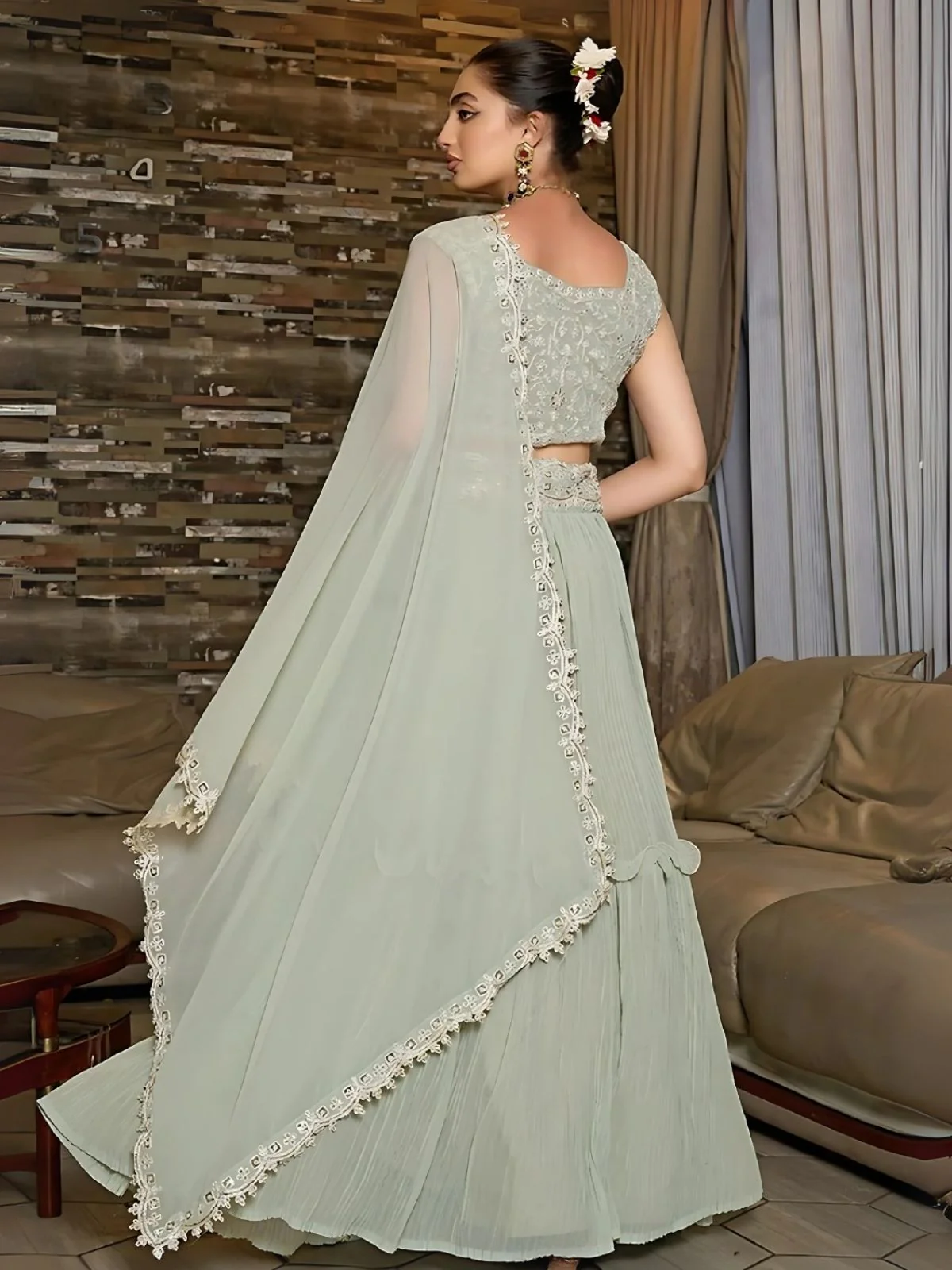 Odette Grey Georgette Embroidered Semi-Stitched Lehenga For Women - Image 2