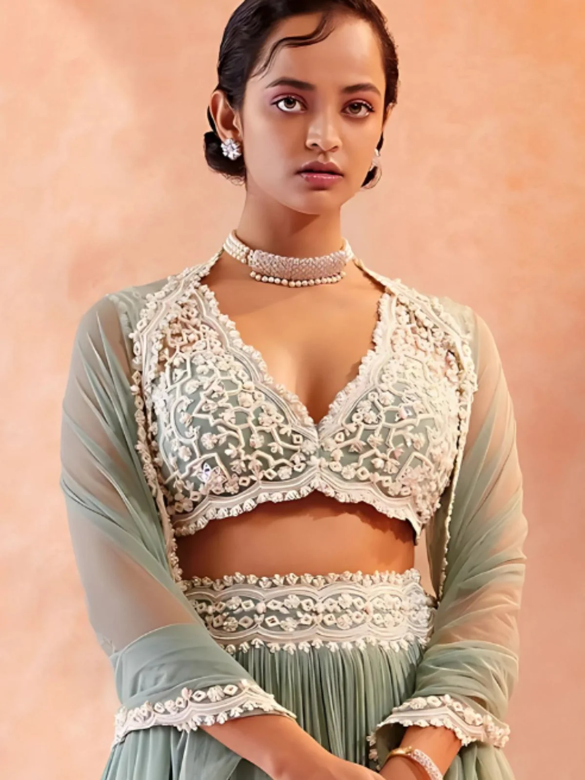 Odette Grey Georgette Embroidered Semi-Stitched lehenga For Women - Image 4