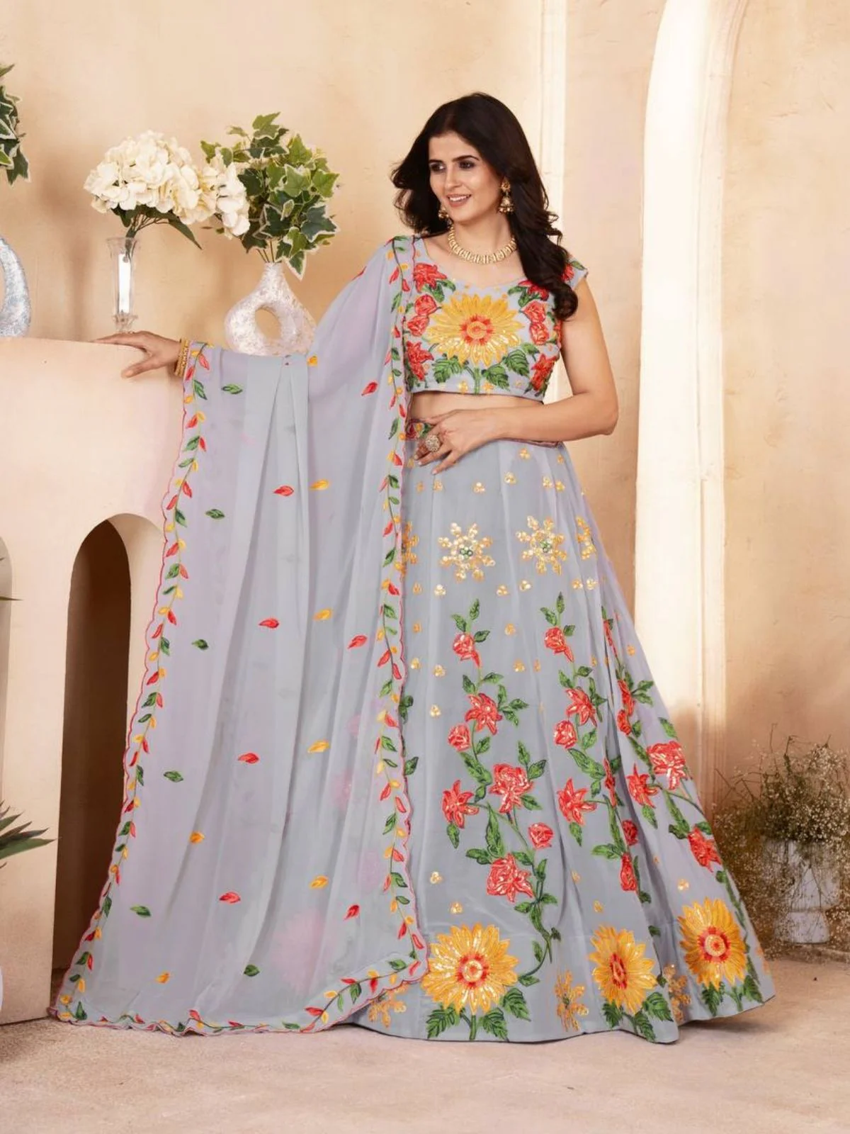 Odette Grey Georgette Embroidered Semi-Stitched lehenga For Women - Image 3
