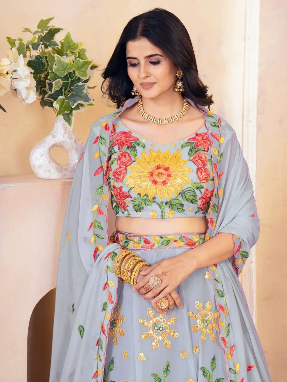 Odette Grey Georgette Embroidered Semi-Stitched lehenga For Women - Image 4