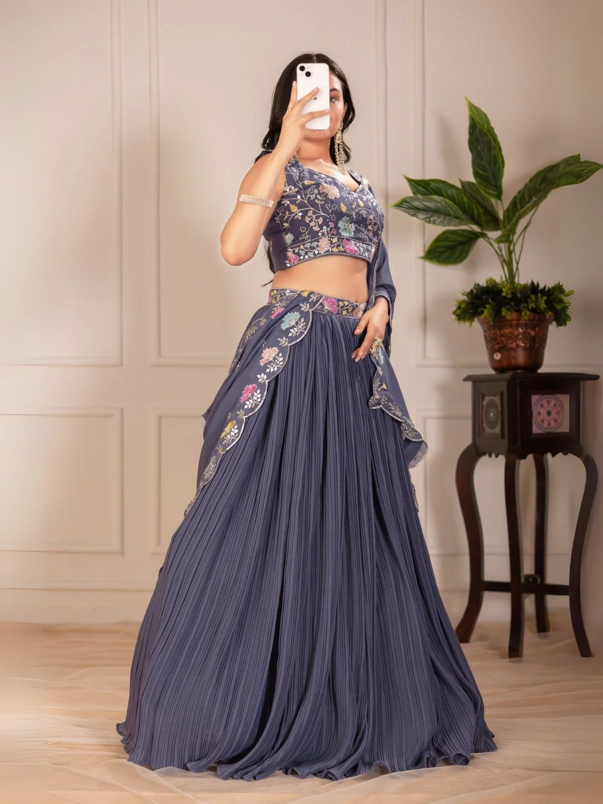 Odette Grey Georgette Embroidered Semi-Stitched lehenga For Women - Image 2