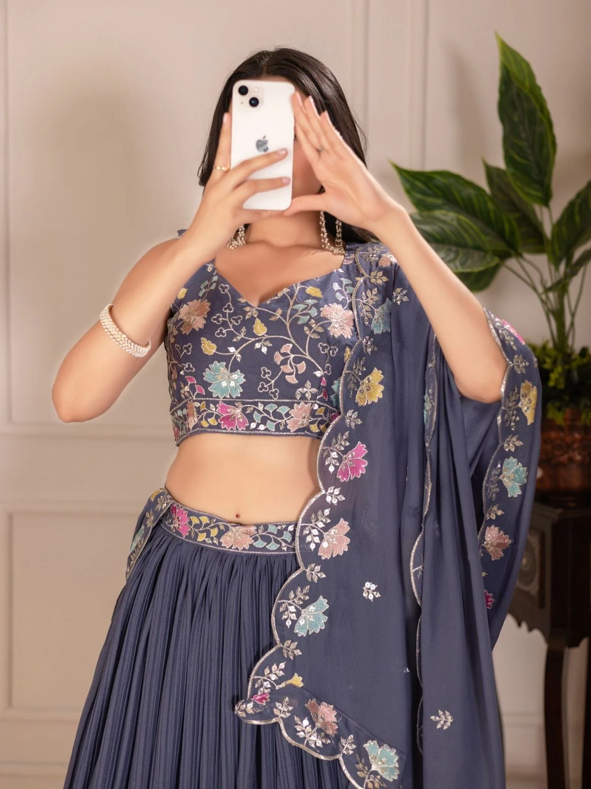 Odette Grey Georgette Embroidered Semi-Stitched lehenga For Women - Image 4