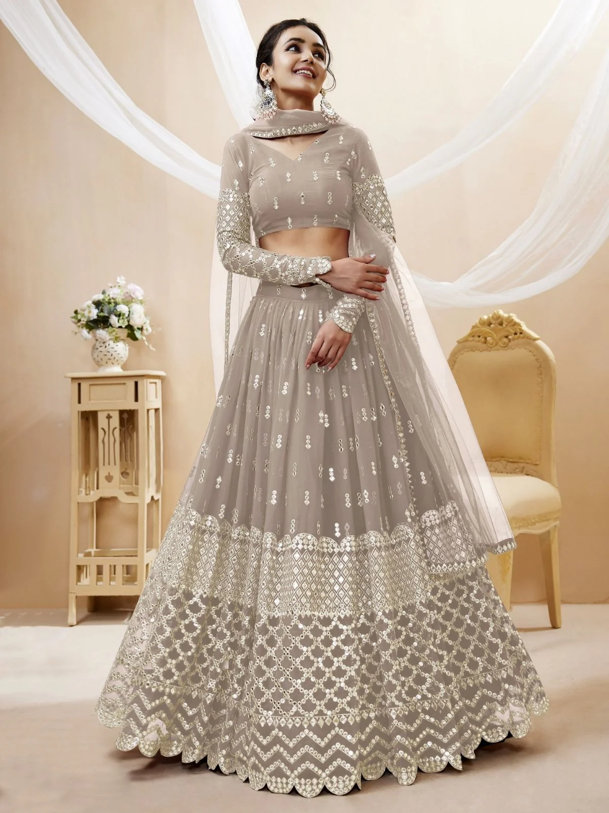 Odette Grey Georgette Embroidered Semi Stitched Lehenga With Unstitched Blouse For Women - Image 2