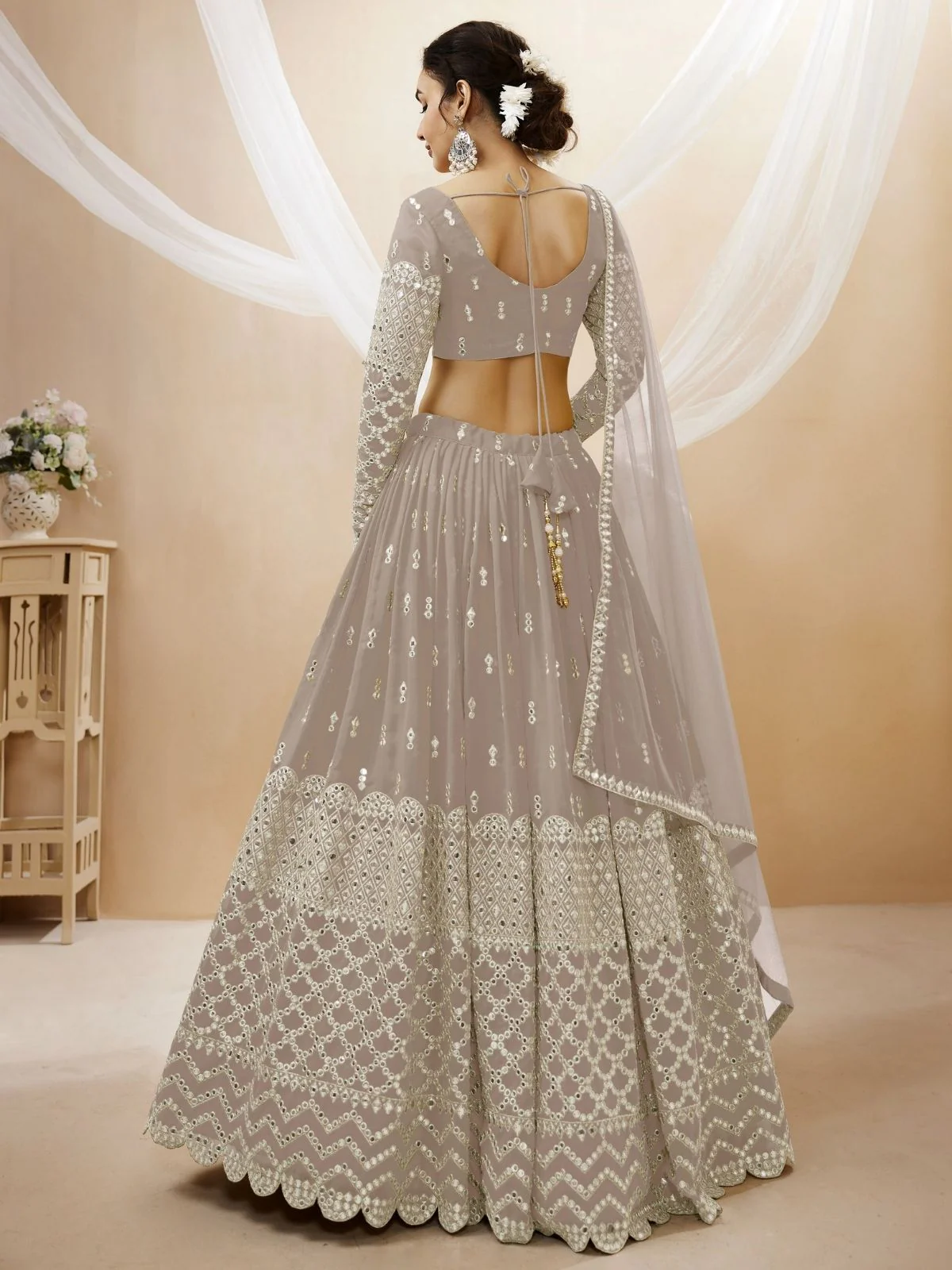 Odette Grey Georgette Embroidered Semi Stitched Lehenga With Unstitched Blouse For Women - Image 3