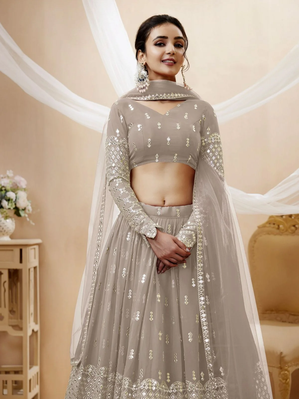 Odette Grey Georgette Embroidered Semi Stitched Lehenga With Unstitched Blouse For Women - Image 4