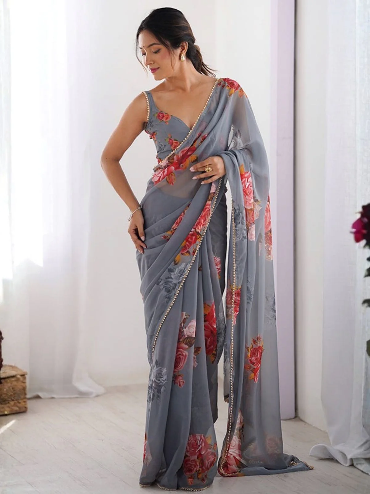 Odette Grey Georgette Printed Saree For Women - Image 2