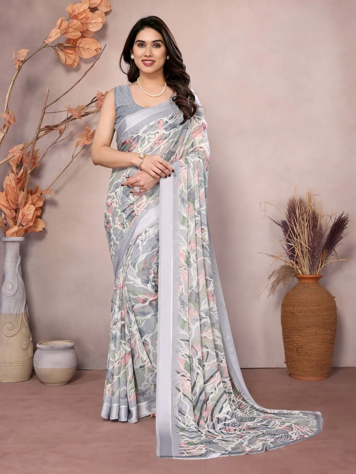 Odette Grey Georgette Printed Saree For Women