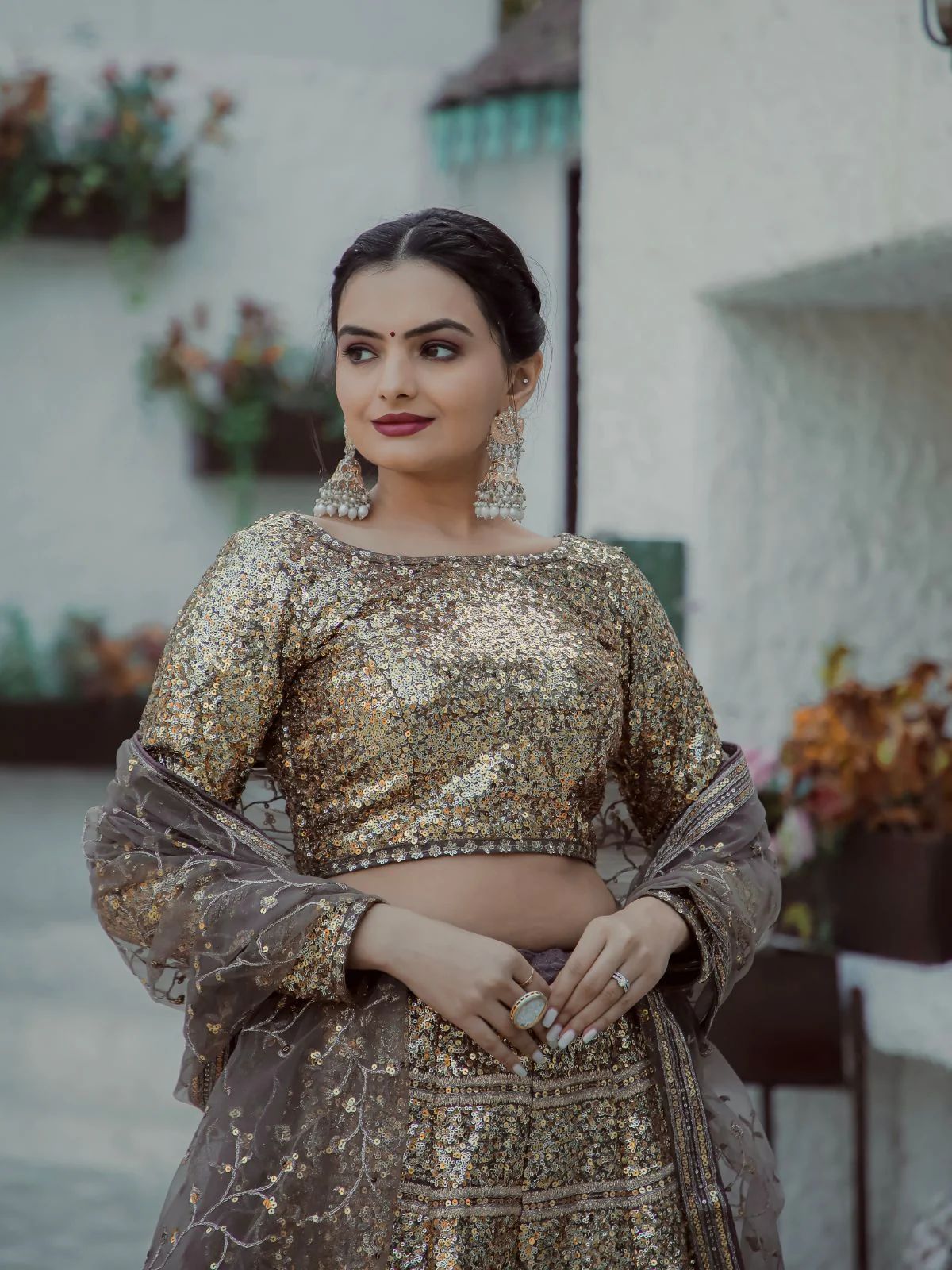 Odette Gold & Grey Georgette Semi Stitched Lehenga with unstitched Blouse for Women - Image 6