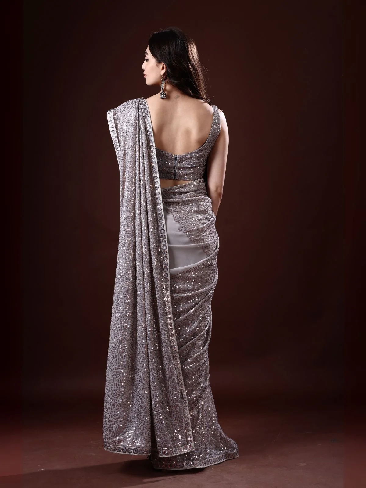 Odette Grey Georgette Sequin Elegant Saree For Women - Image 4