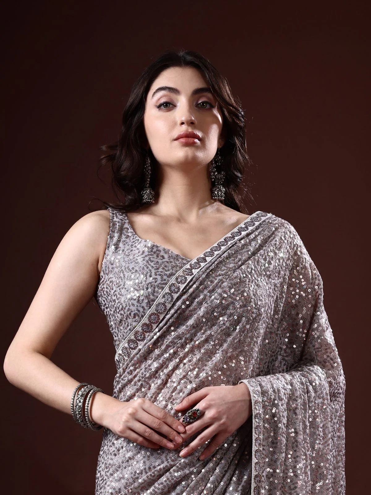 Odette Grey Georgette Sequin Elegant Saree For Women - Image 5