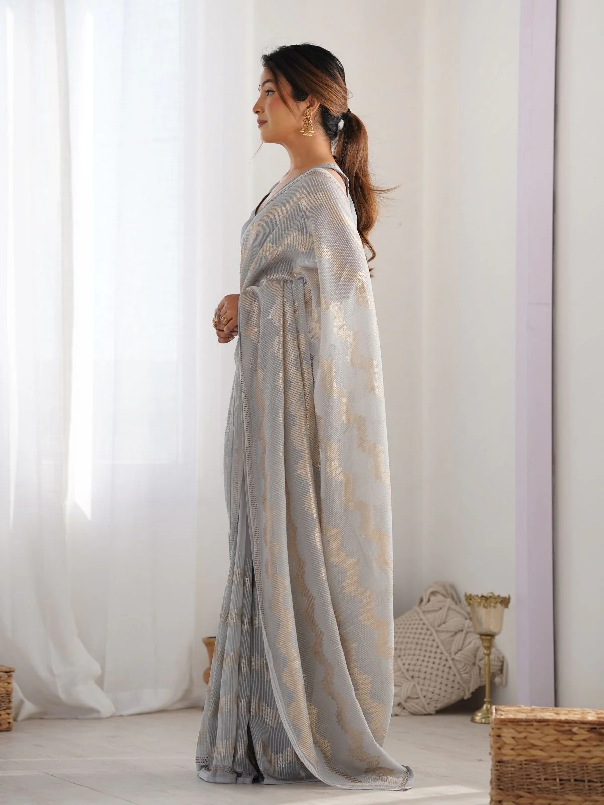 Odette Grey Georgette Sequins Saree With Unstitched Blouse For Women - Image 3
