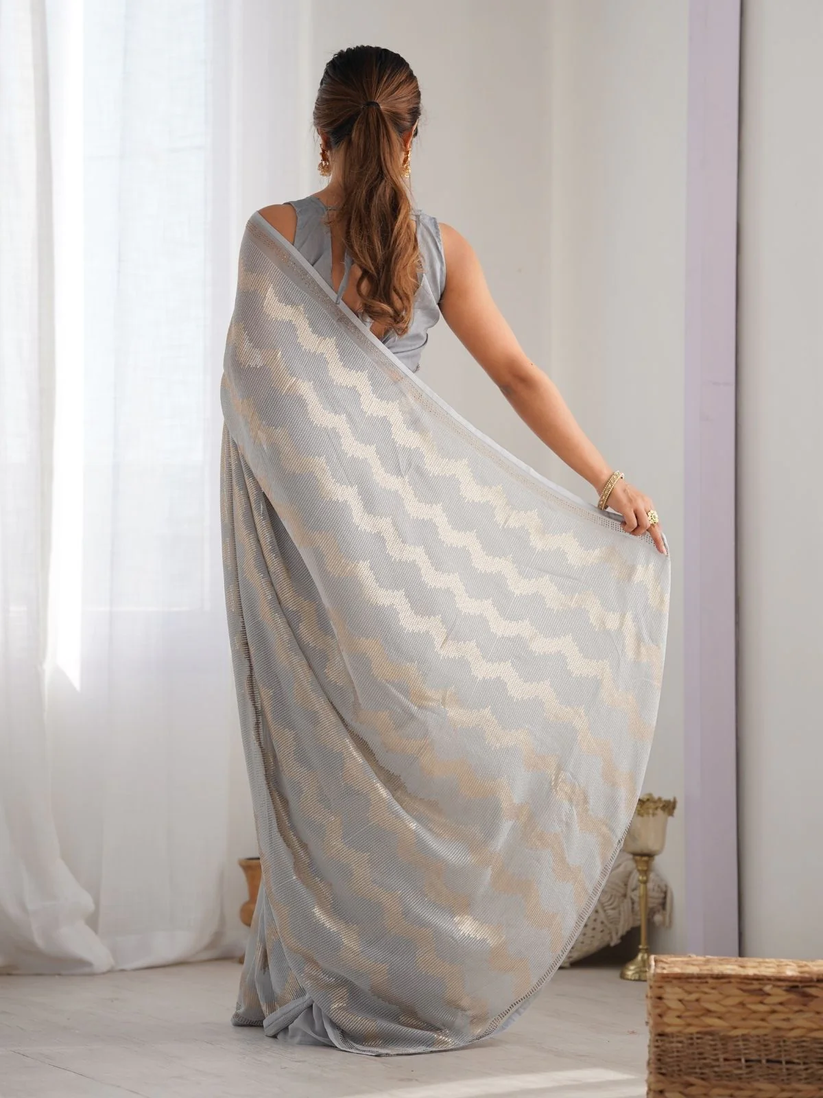 Odette Grey Georgette Sequins Saree With Unstitched Blouse For Women - Image 5