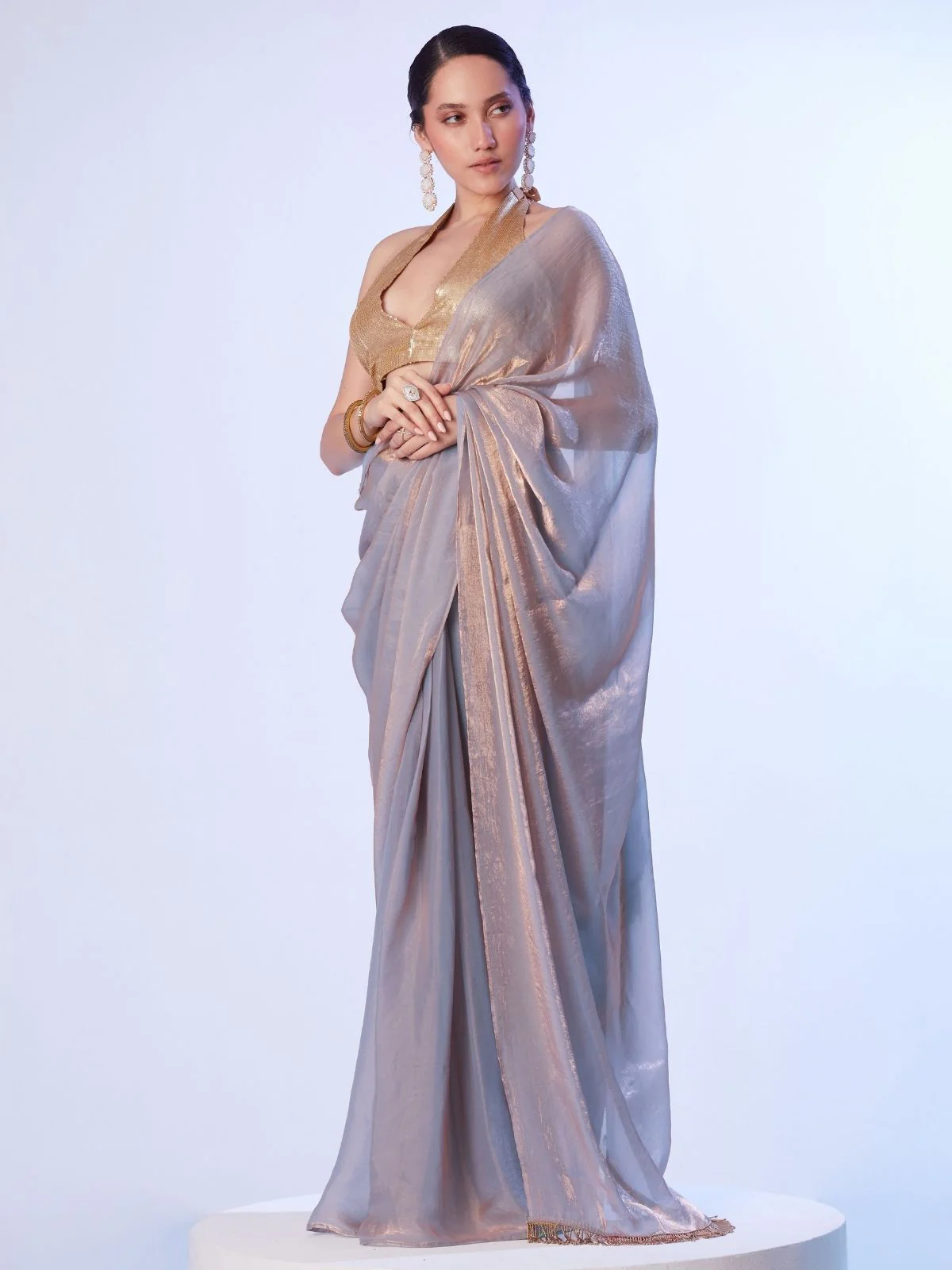 Odette Grey Gold Organza Beads Saree With Unstitched Blouse For Women - Image 2