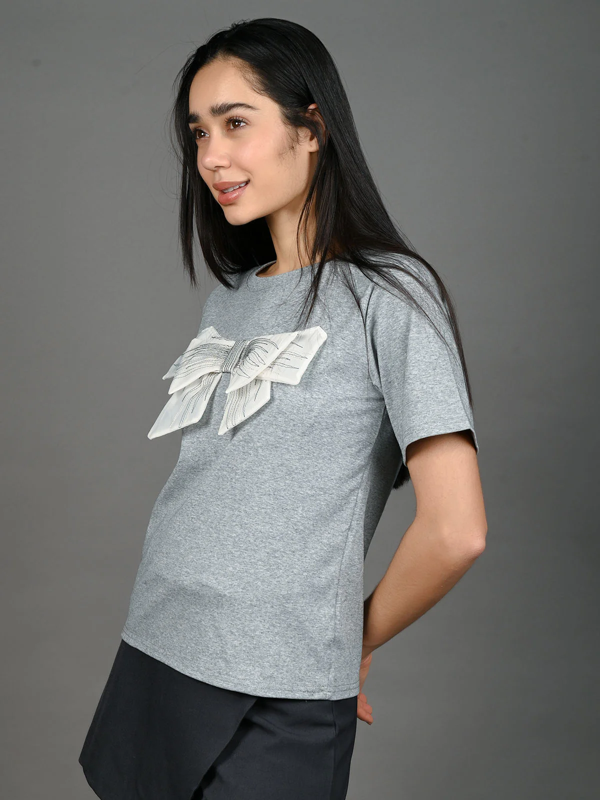 Odette Grey Jersey Cotton Solid With Bow Top For Women - Image 2