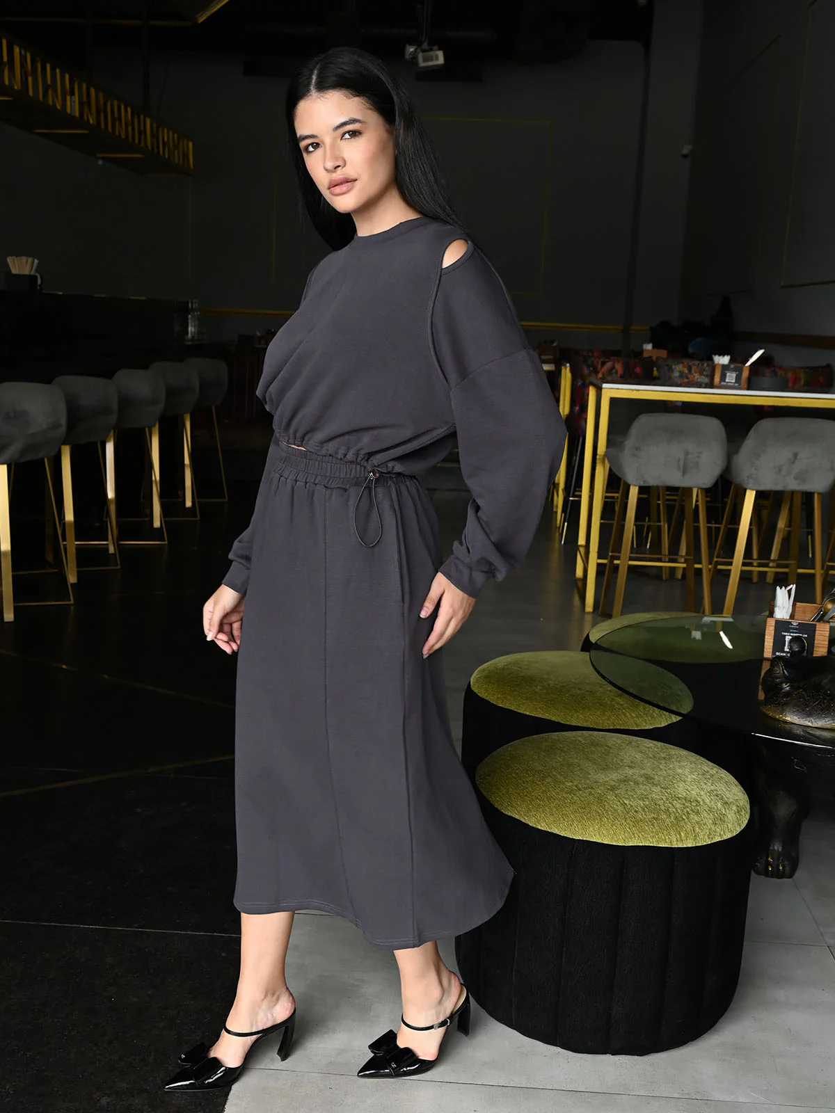 Odette Grey Jersey Solid Co-Ord Set For Women - Image 3