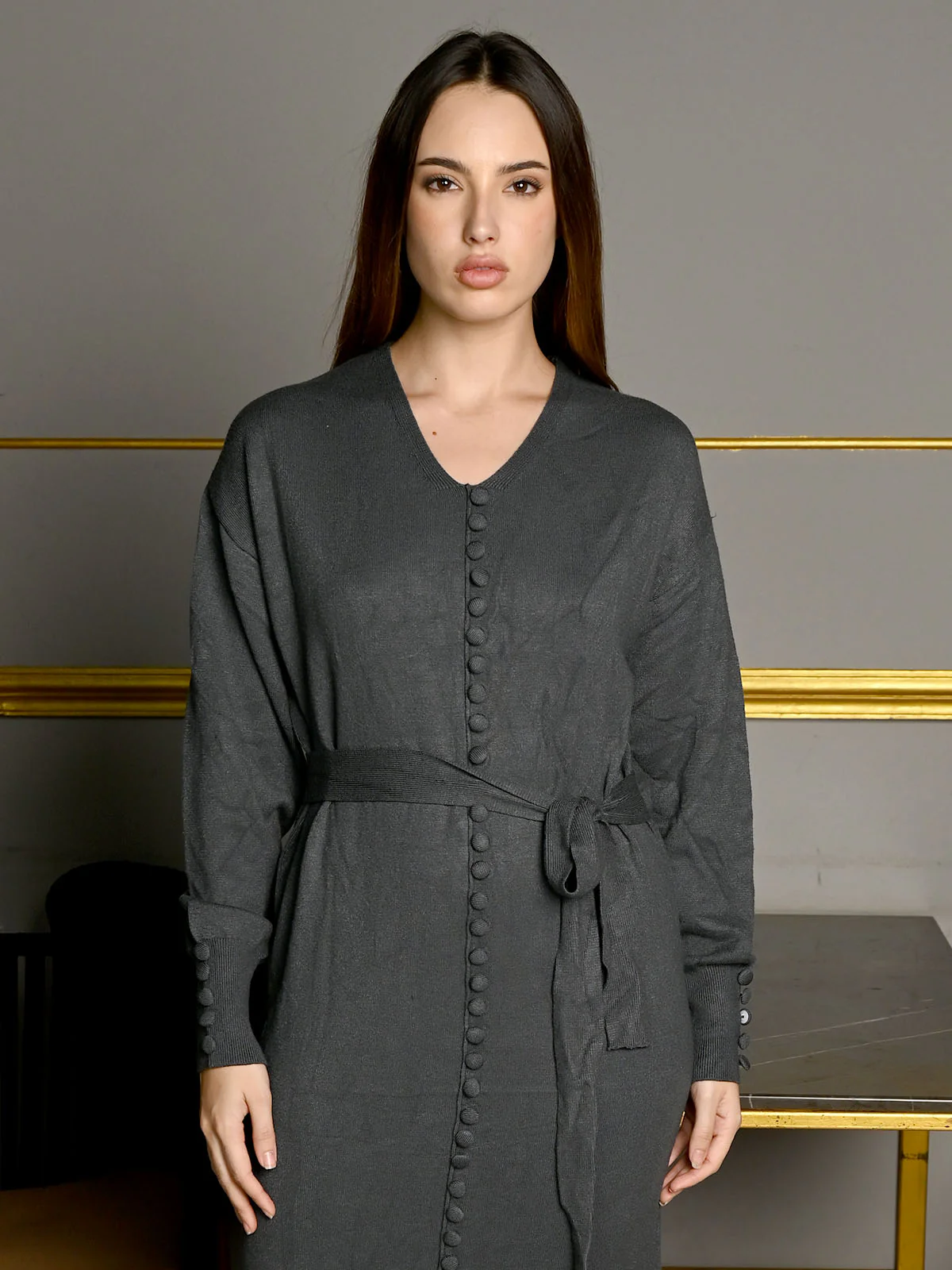 Odette Grey Jersey Solid Long Dress For Women - Image 3
