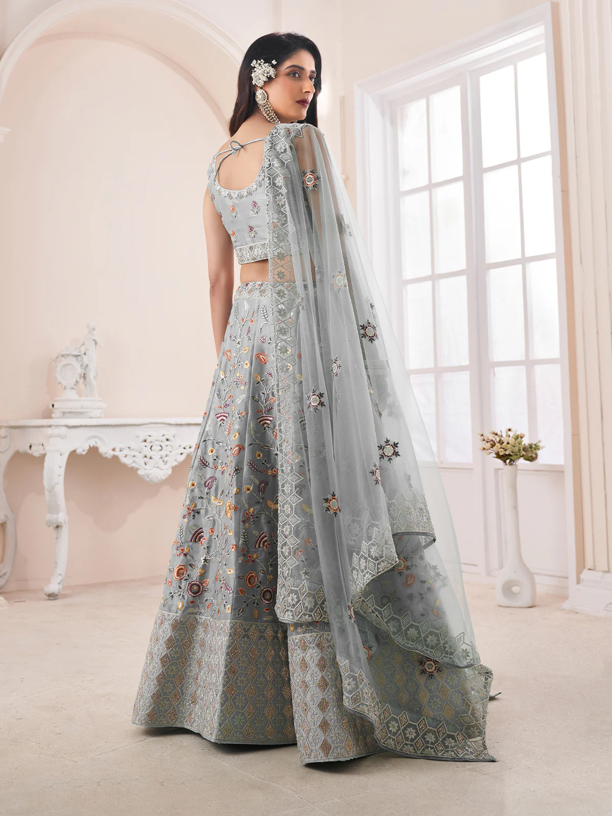 Odette Grey Organza Blend Embroidered Semi Stitched Lehenga With Unstitched Blouse for Women - Image 3