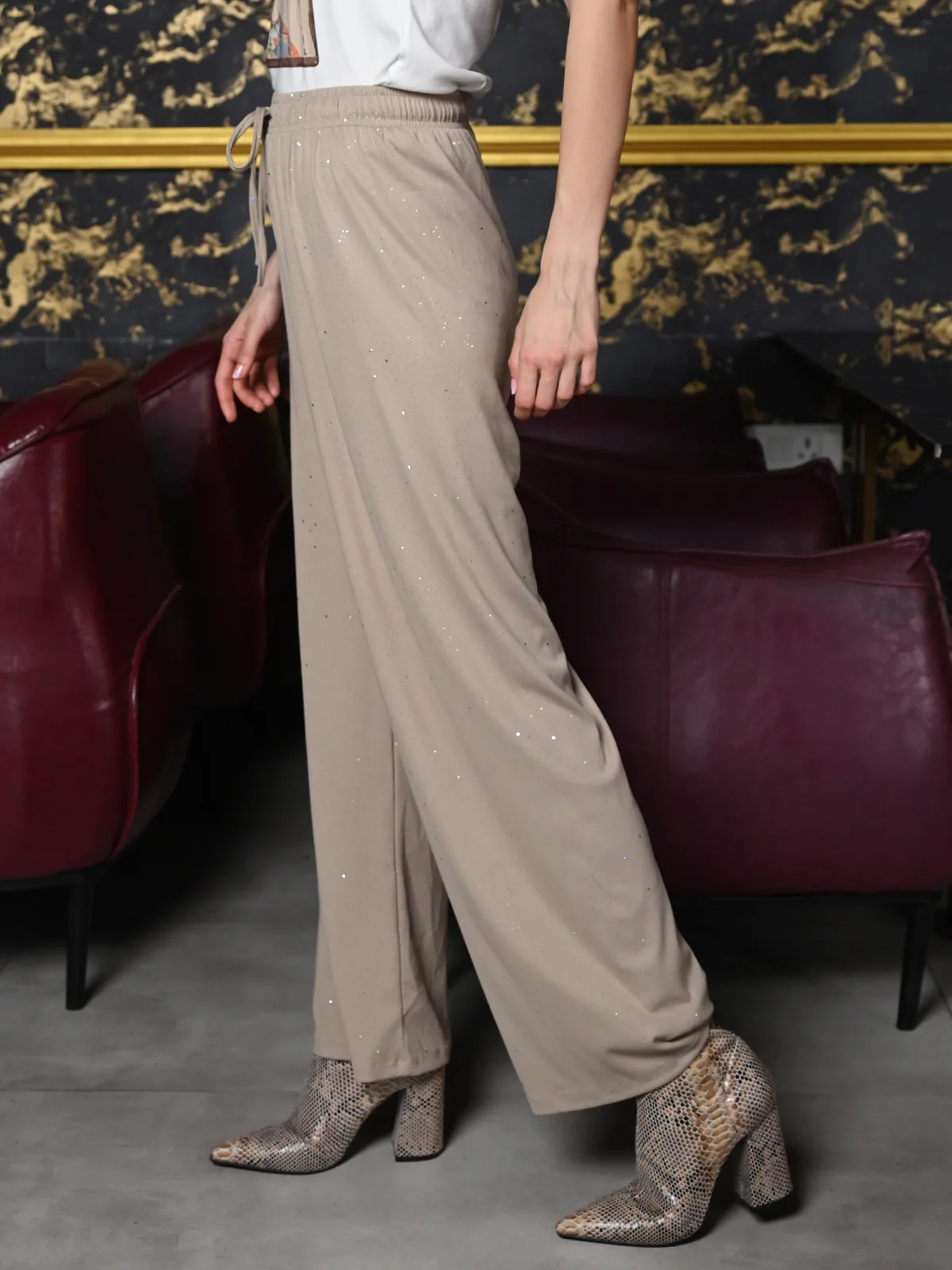 Odette Beige Knit Rib Trouser For Women - Image 3