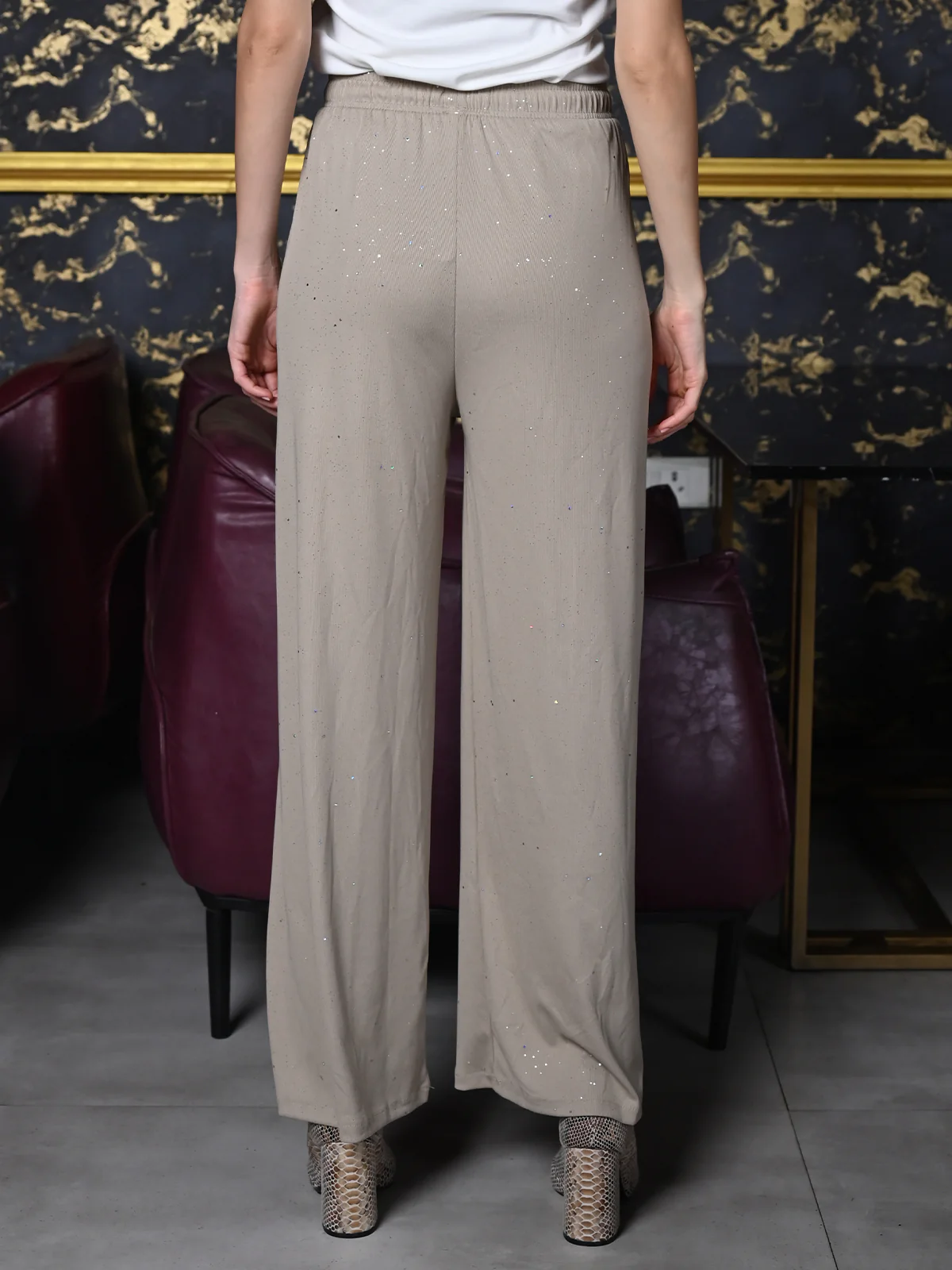 Odette Beige Knit Rib Trouser For Women - Image 4