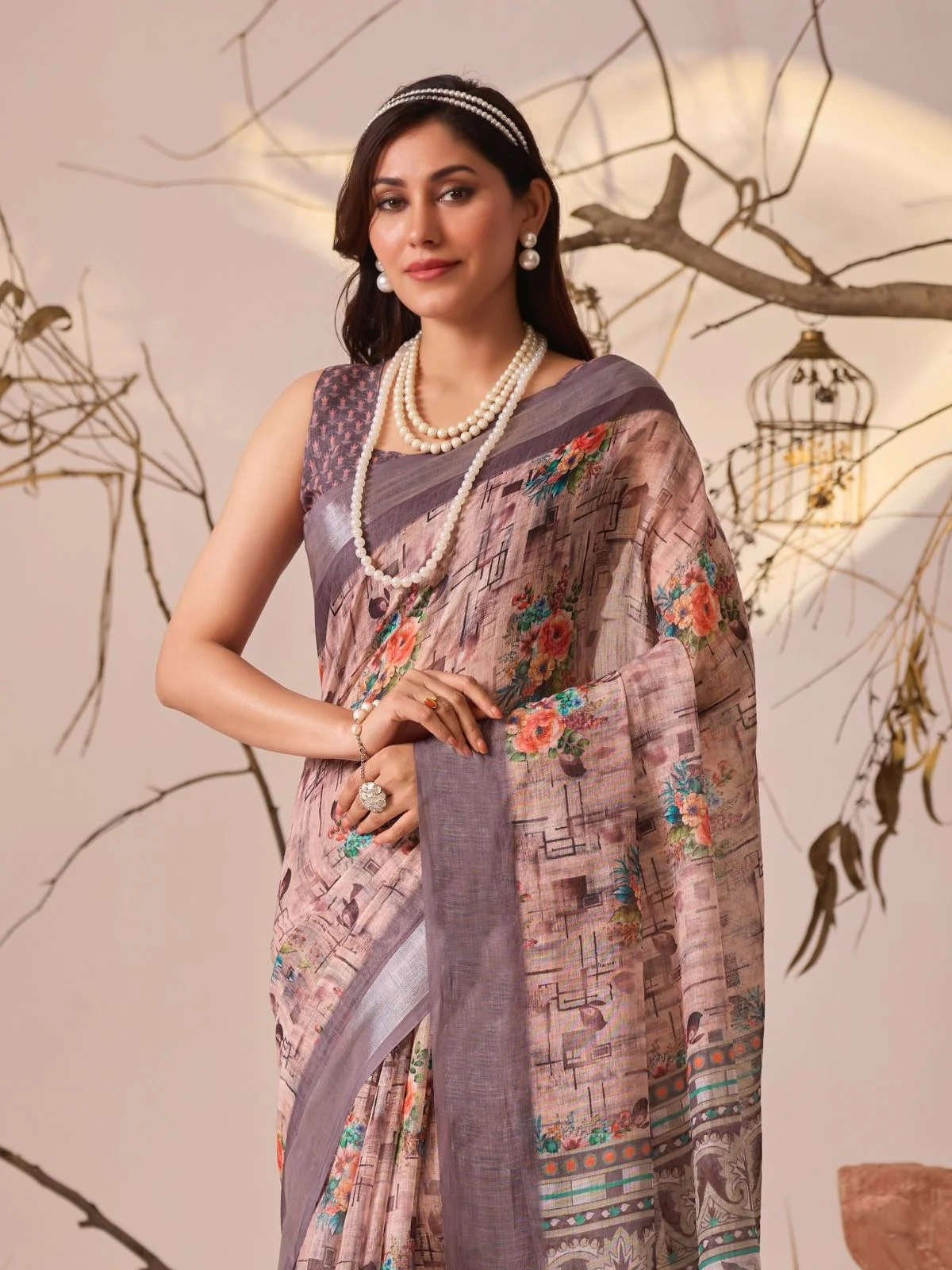 Odette Grey Linen Cotton Printed Saree For Women - Image 4