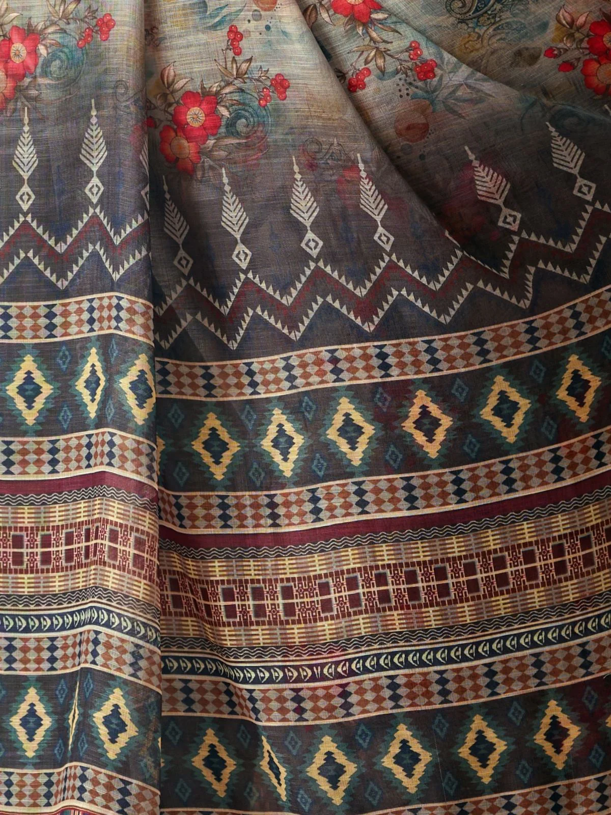 Odette Grey Linen Cotton Printed Saree For Women - Image 5