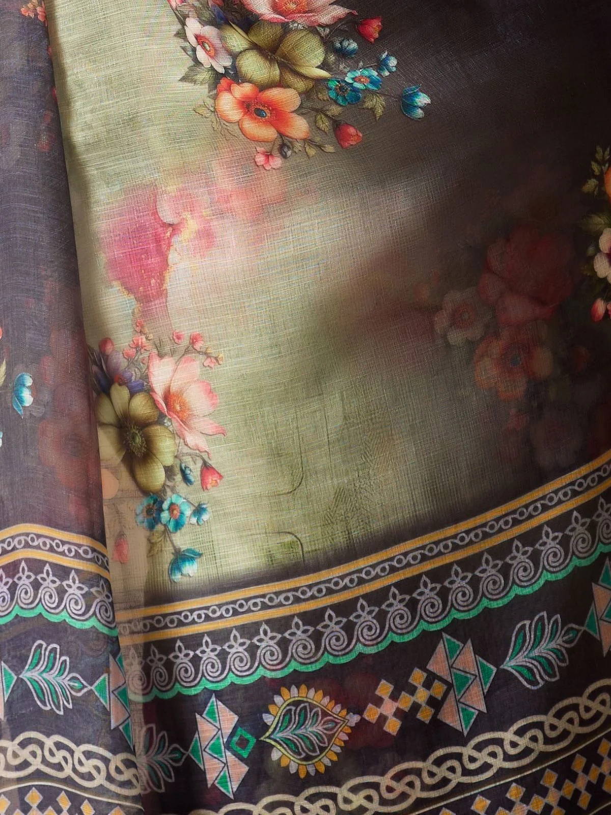 Odette Grey Linen Cotton Printed Saree For Women - Image 5