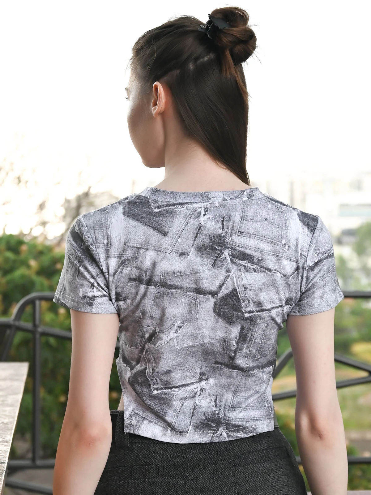 Odette Grey Lycra Printed Top For Women - Image 3