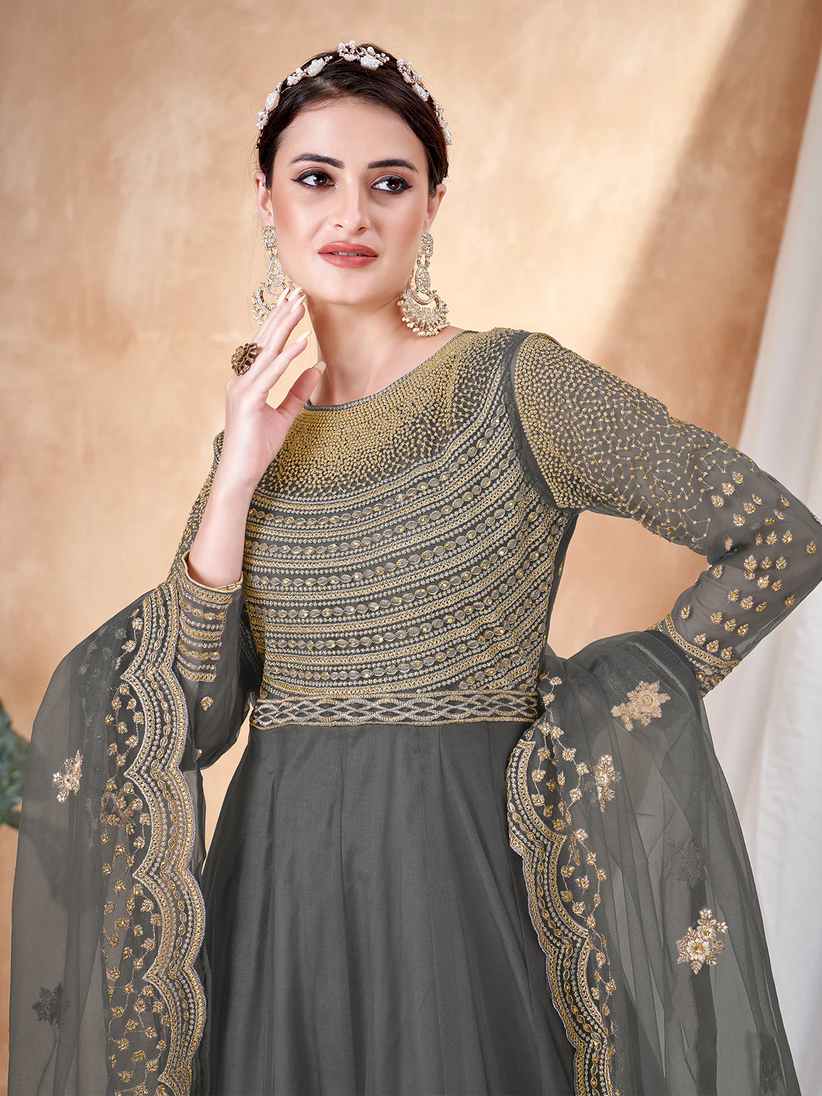 Odette Grey Net Embellished Semi stitched Kurta Set with Inner For Women - Image 3