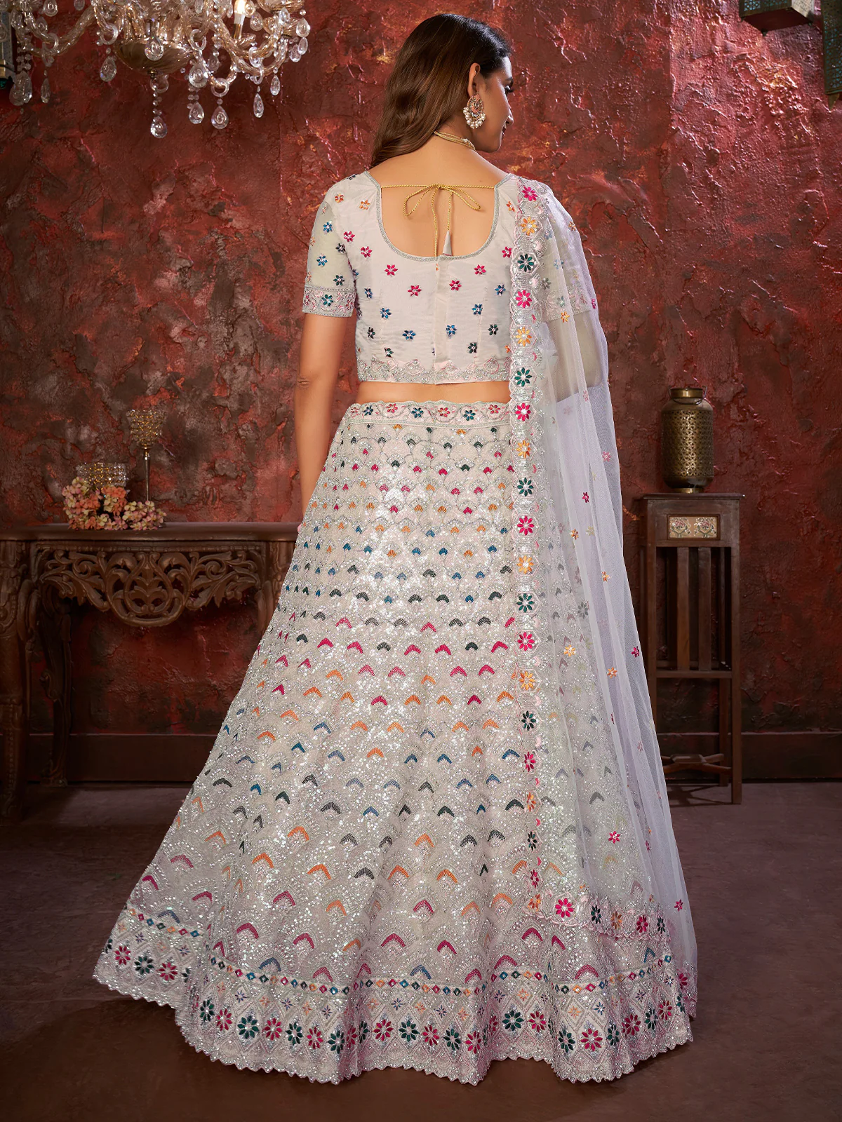 Odette Grey Net Embellished Semi Stitched Lehenga With Unstitched Blouse for Women - Image 3